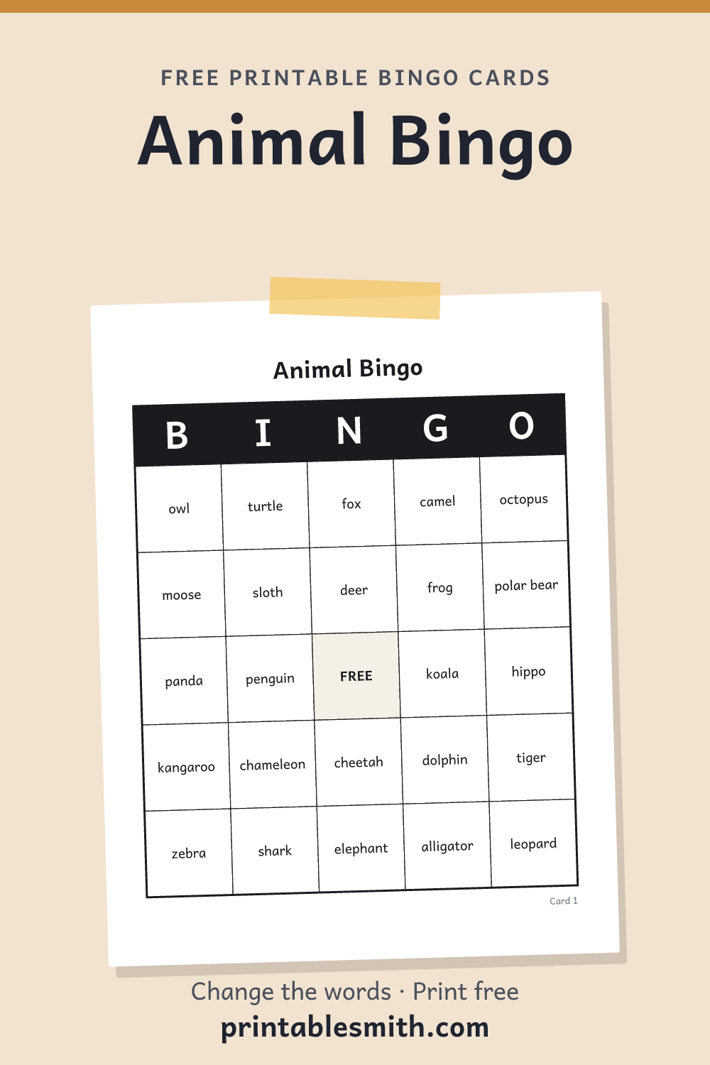 Animal Bingo: printable card from a set of up to 100 different cards, with 36 words