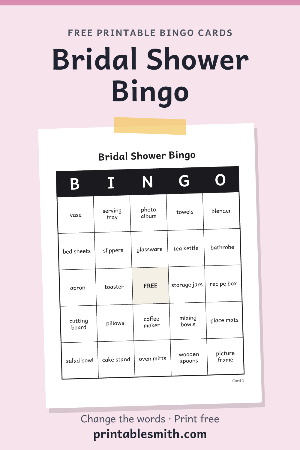 Bridal Shower Bingo: printable card from a set of up to 100 different cards, with 34 words