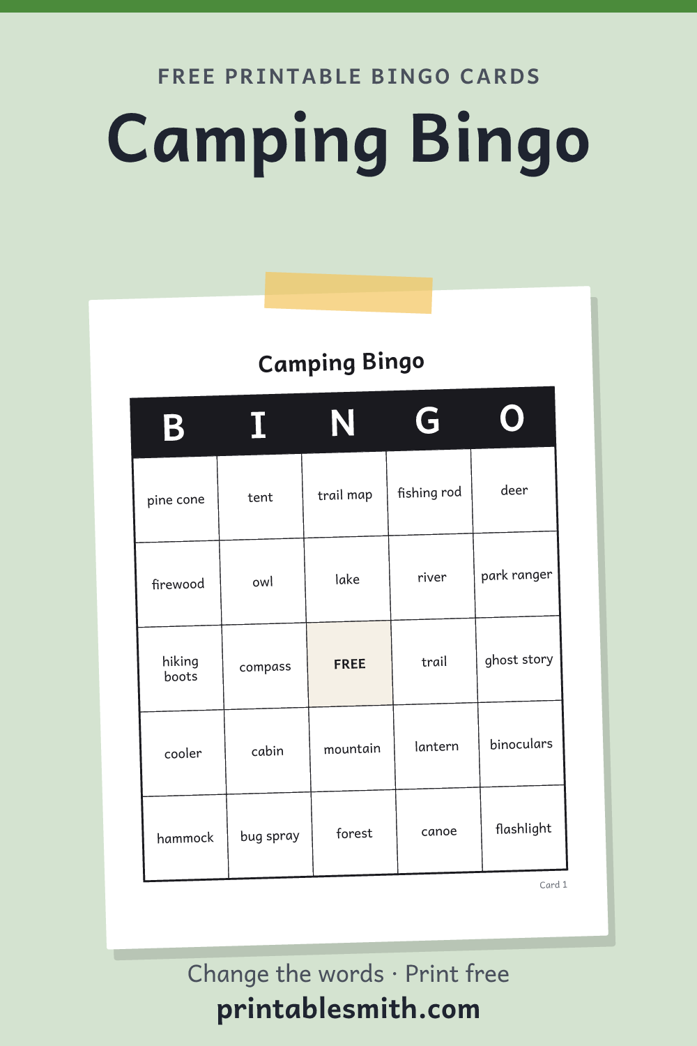 Camping Bingo: printable card from a set of up to 100 different cards, with 36 words