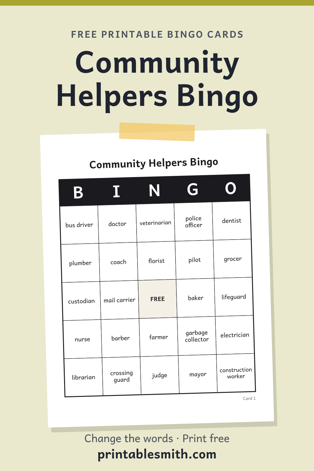 Community Helpers Bingo: printable card from a set of up to 100 different cards, with 36 words