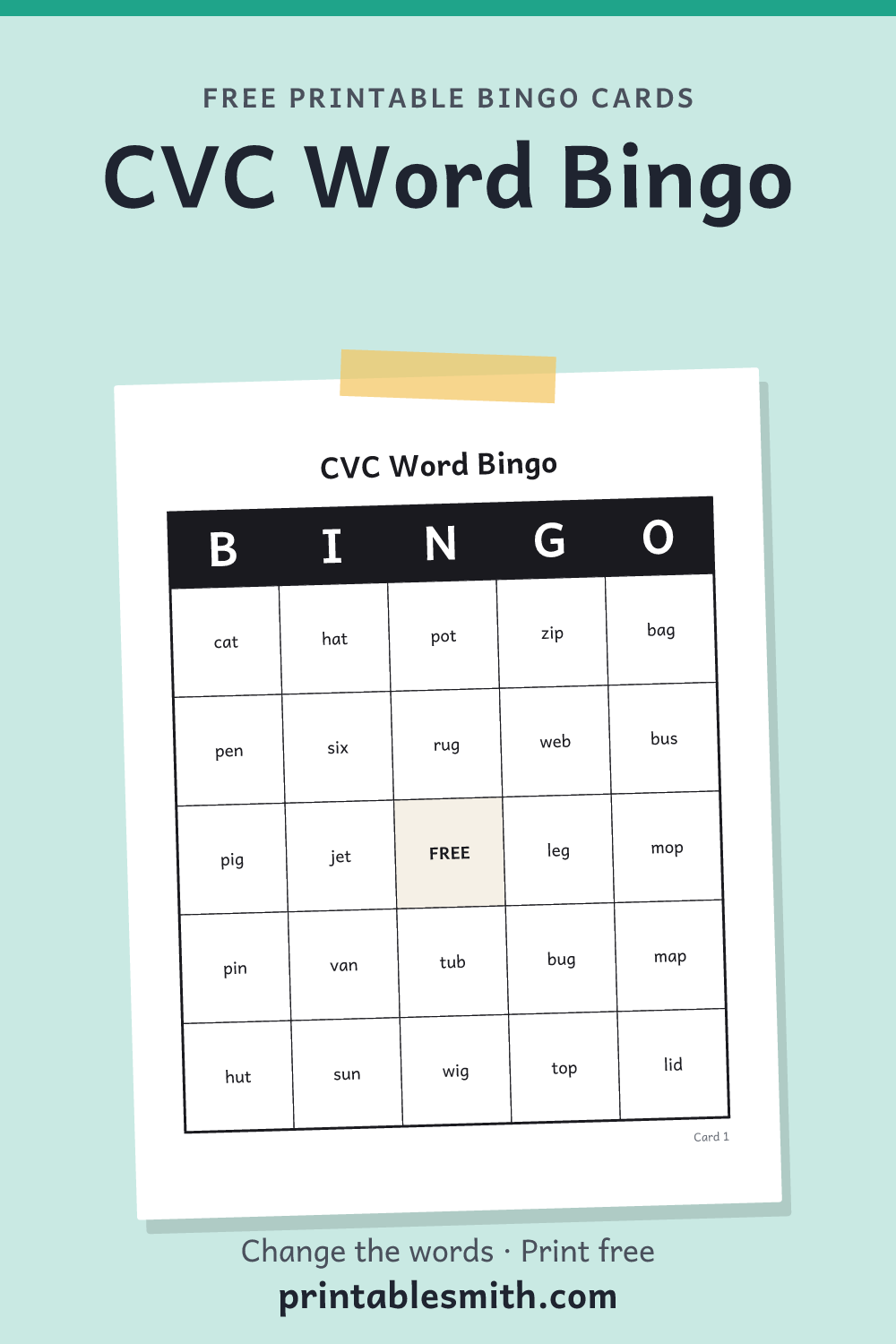 CVC Word Bingo: printable card from a set of up to 100 different cards, with 36 words