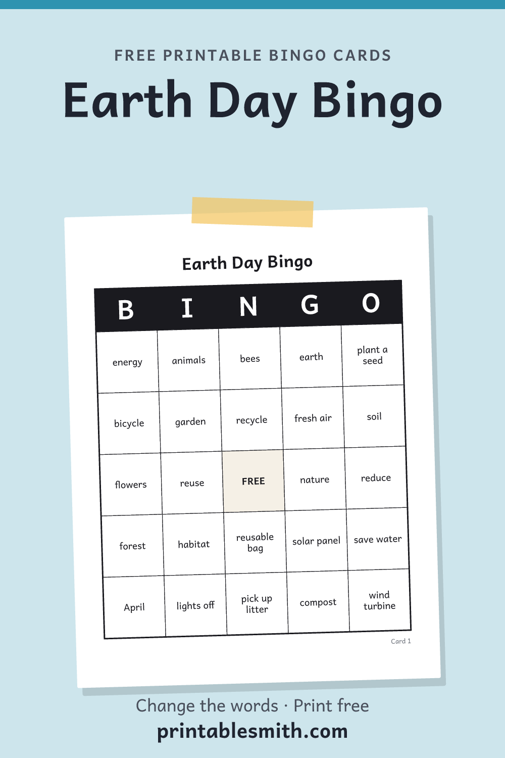 Earth Day Bingo: printable card from a set of up to 100 different cards, with 32 words