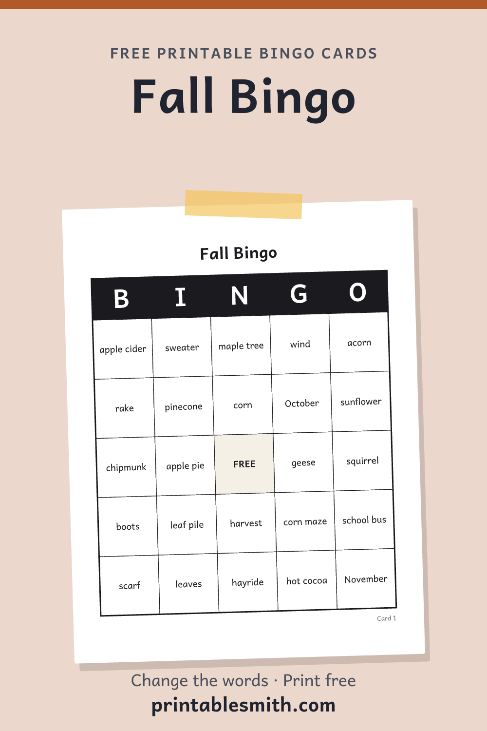 Fall Bingo: printable card from a set of up to 100 different cards, with 32 words