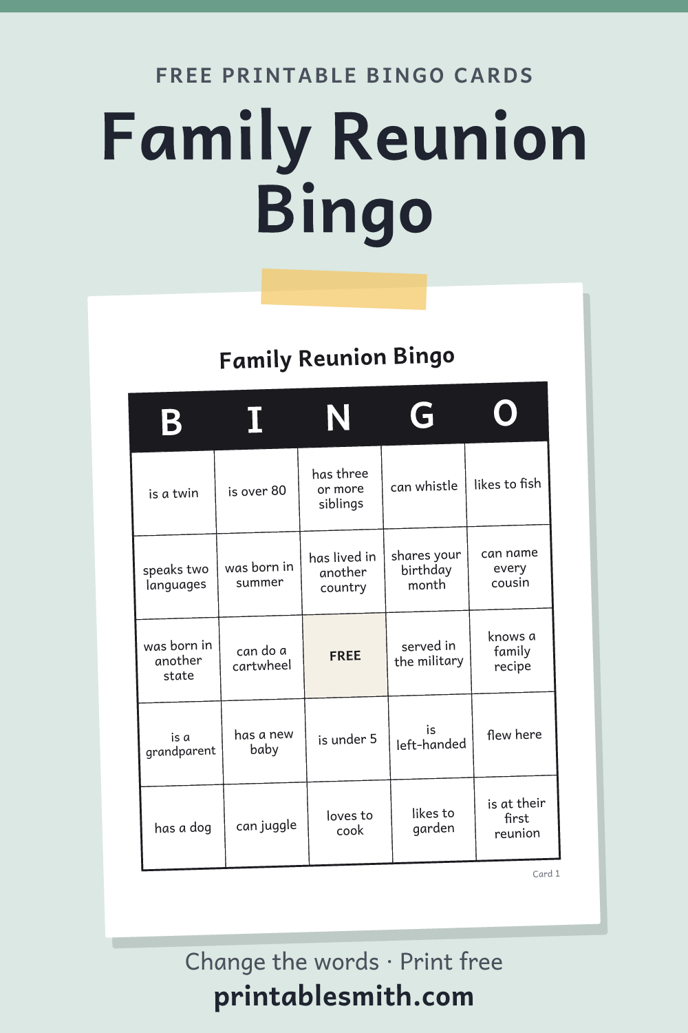 Family Reunion Bingo: printable card from a set of up to 100 different cards, with 36 words