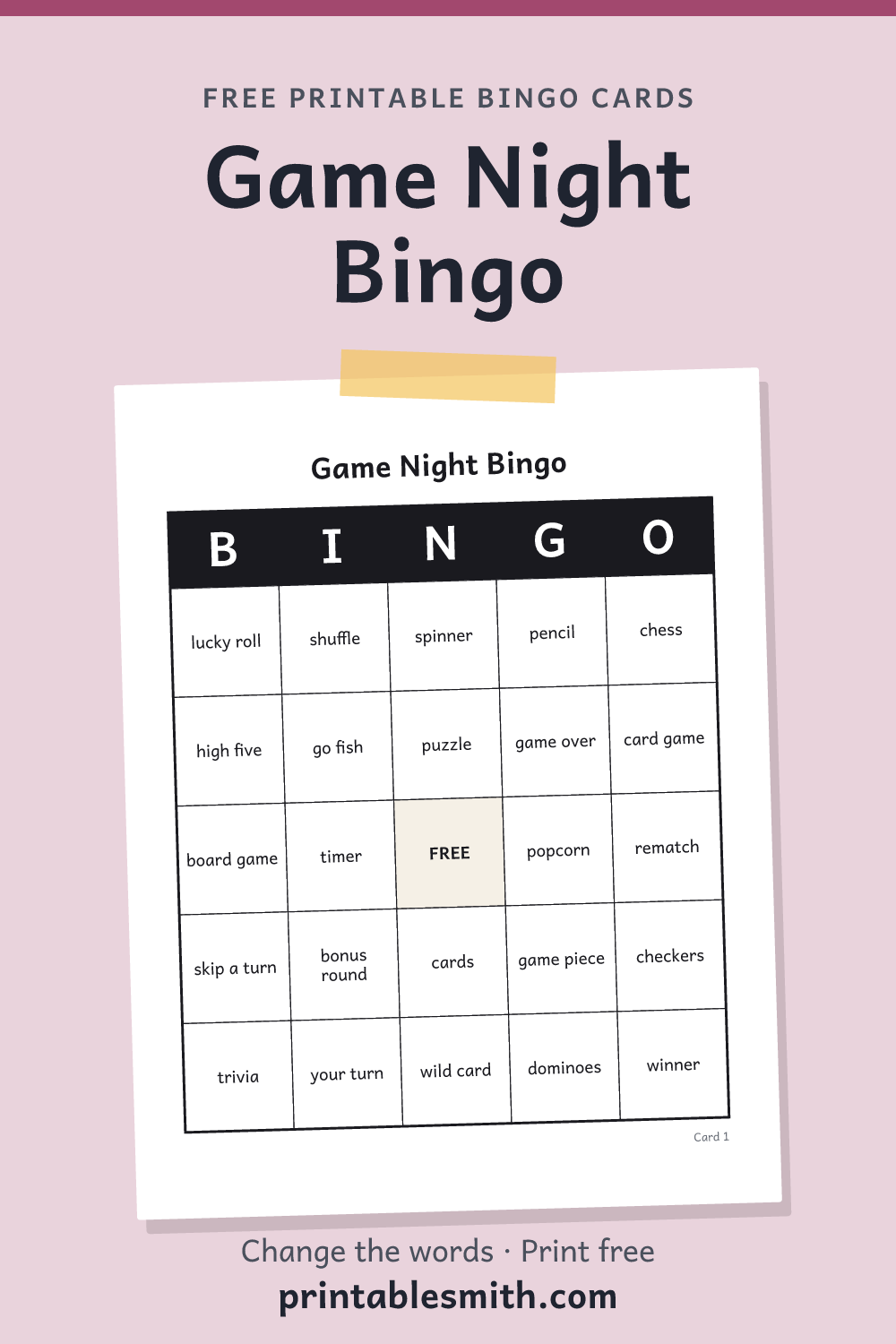 Game Night Bingo: printable card from a set of up to 100 different cards, with 36 words