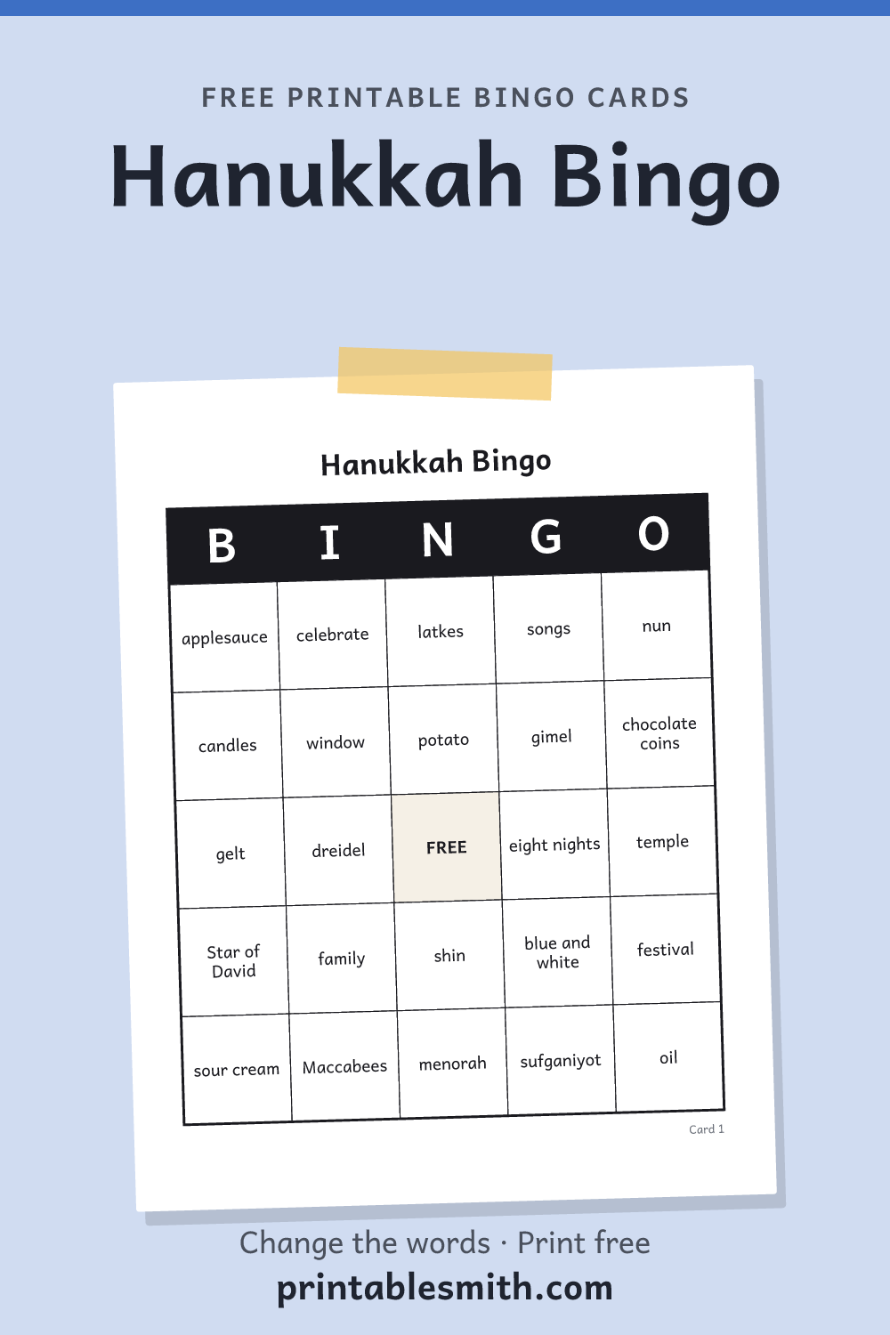 Hanukkah Bingo: printable card from a set of up to 100 different cards, with 32 words
