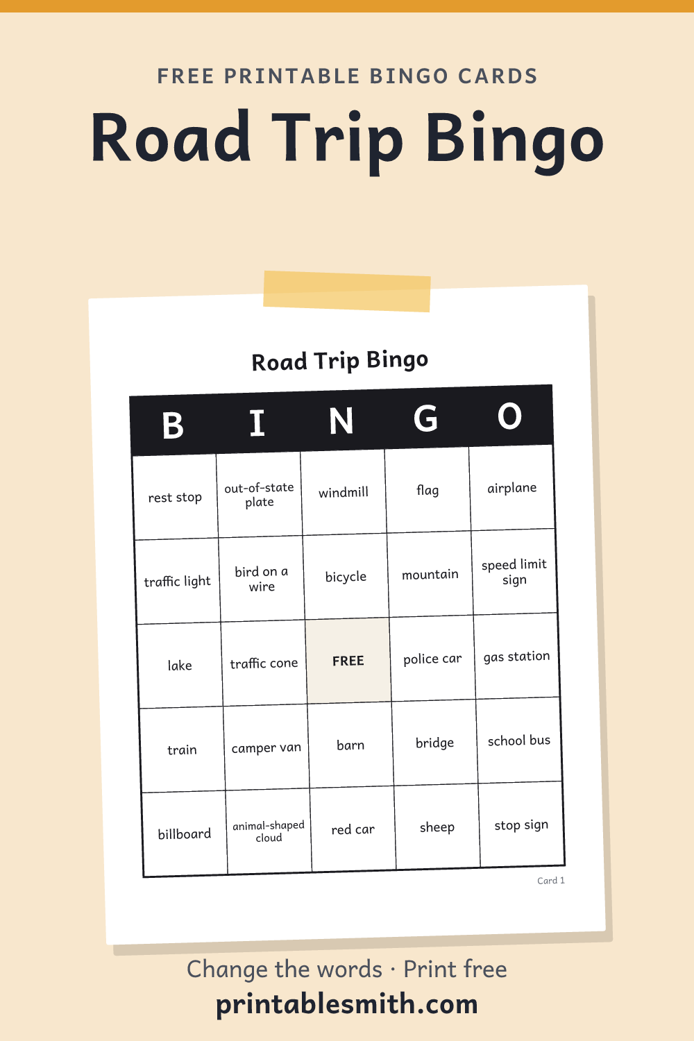 Road Trip Bingo: printable card from a set of up to 100 different cards, with 36 words