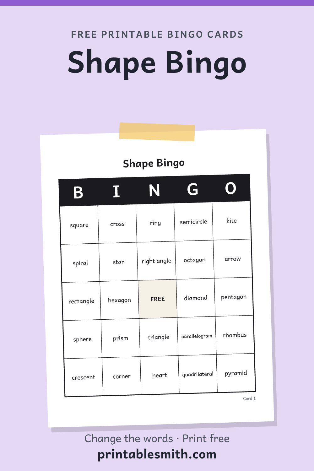 Shape Bingo: printable card from a set of up to 100 different cards, with 32 words