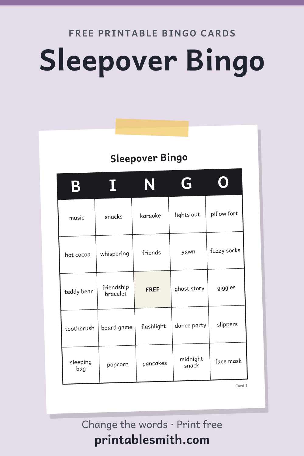 Sleepover Bingo: printable card from a set of up to 100 different cards, with 36 words