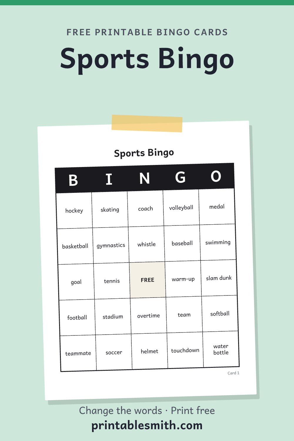 Sports Bingo: printable card from a set of up to 100 different cards, with 36 words