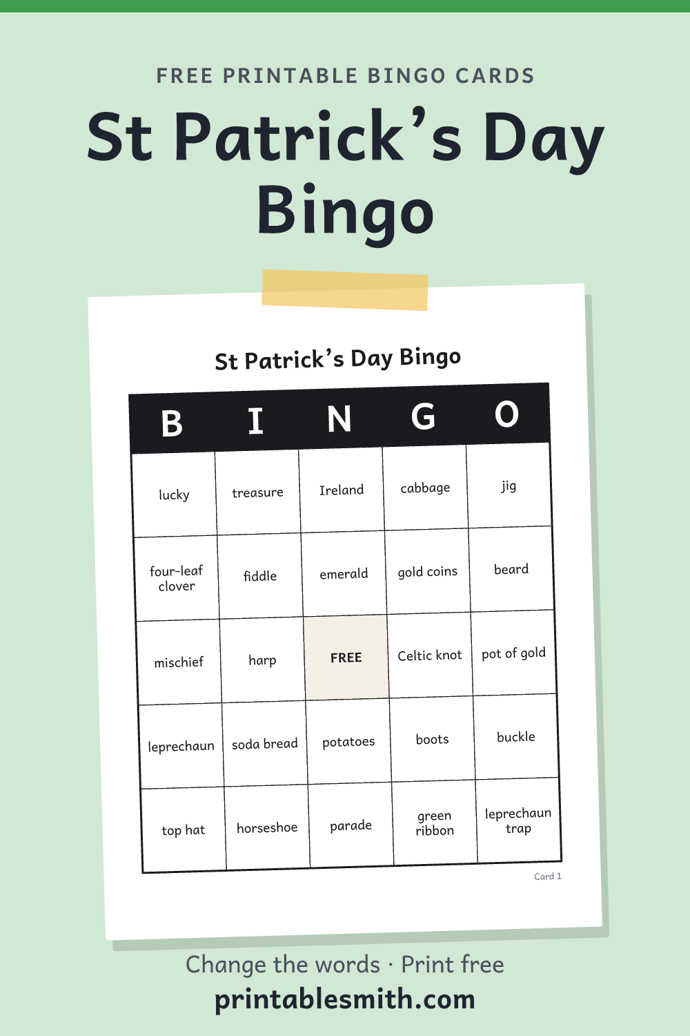 St Patrick’s Day Bingo: printable card from a set of up to 100 different cards, with 33 words