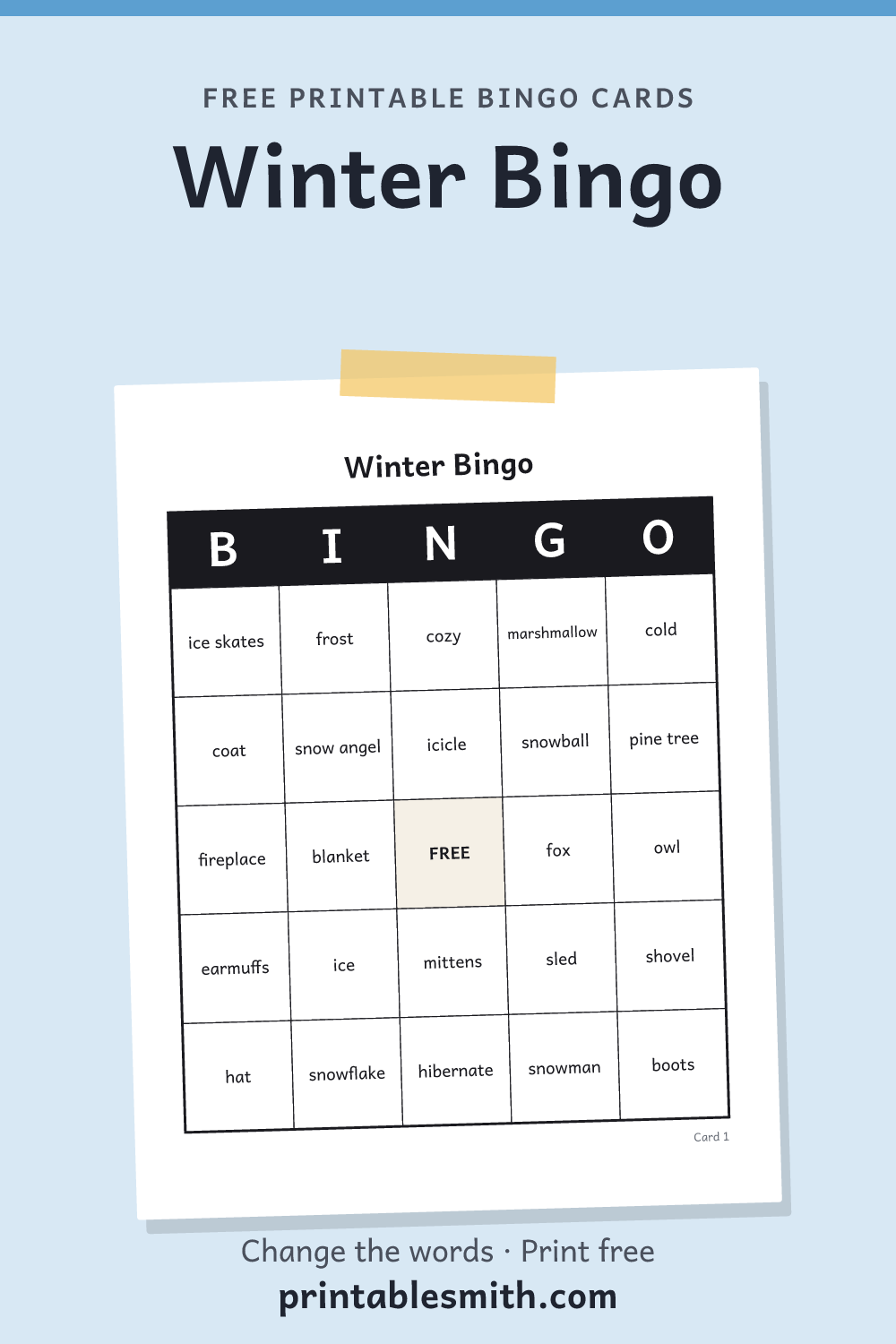 Winter Bingo: printable card from a set of up to 100 different cards, with 32 words
