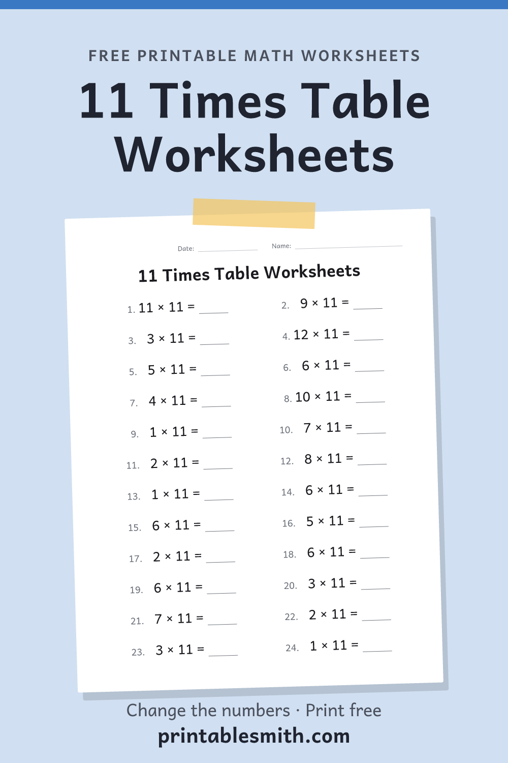 11 Times Table Worksheets: printable math worksheet with 24 problems and an answer key, from a free math worksheet generator