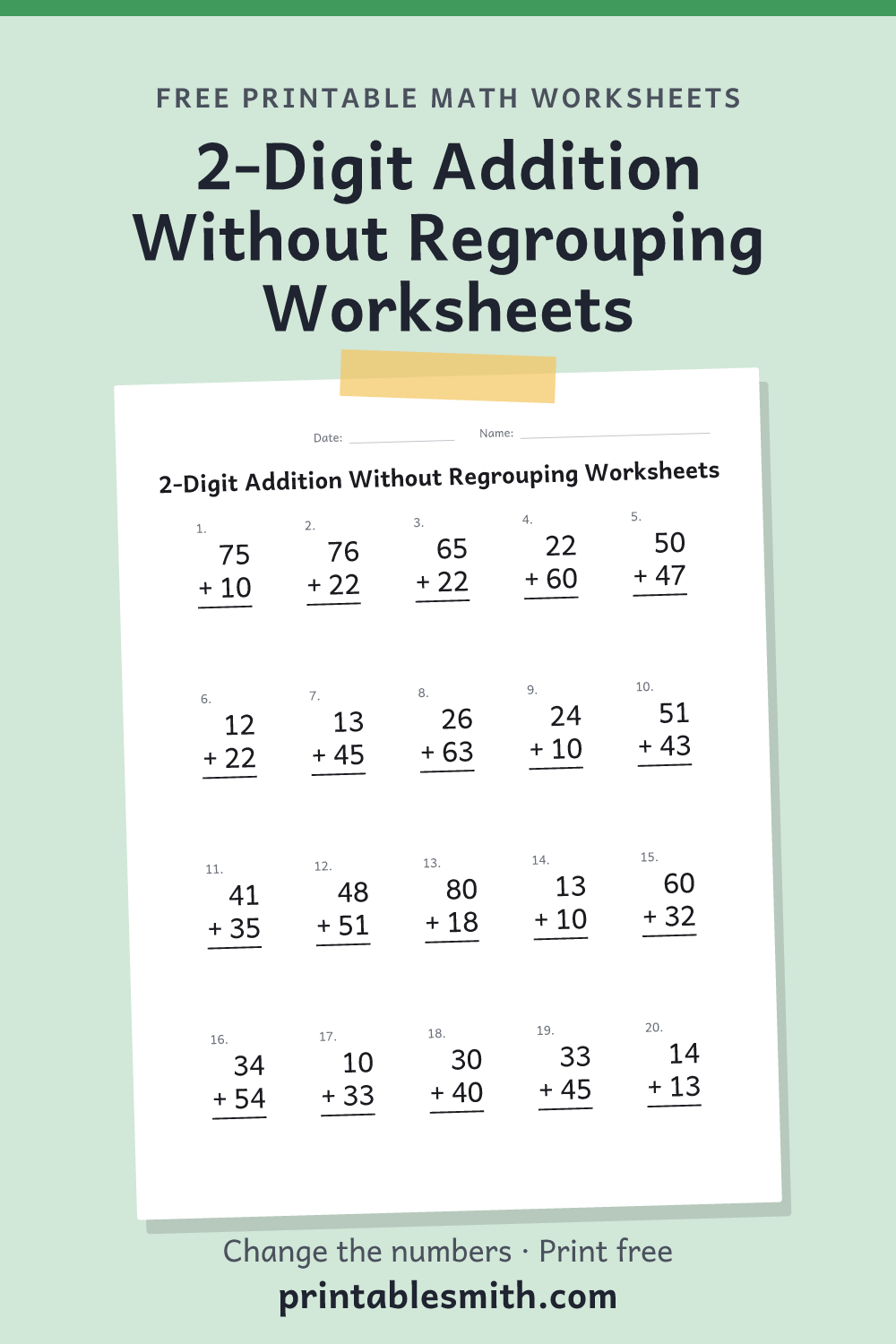 2-Digit Addition Without Regrouping Worksheets: printable math worksheet with 20 problems and an answer key, from a free math worksheet generator