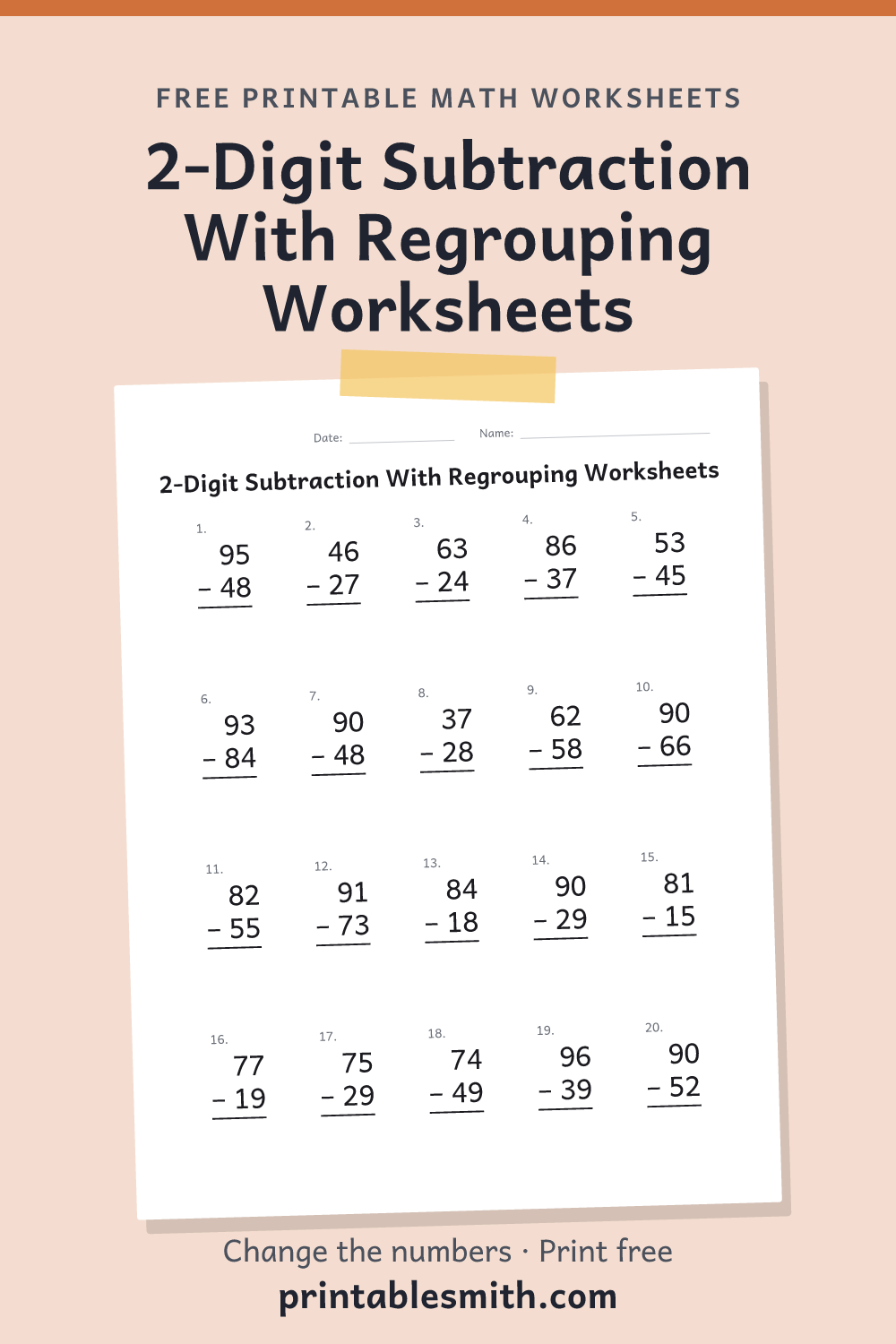 2-Digit Subtraction With Regrouping Worksheets: printable math worksheet with 20 problems and an answer key, from a free math worksheet generator