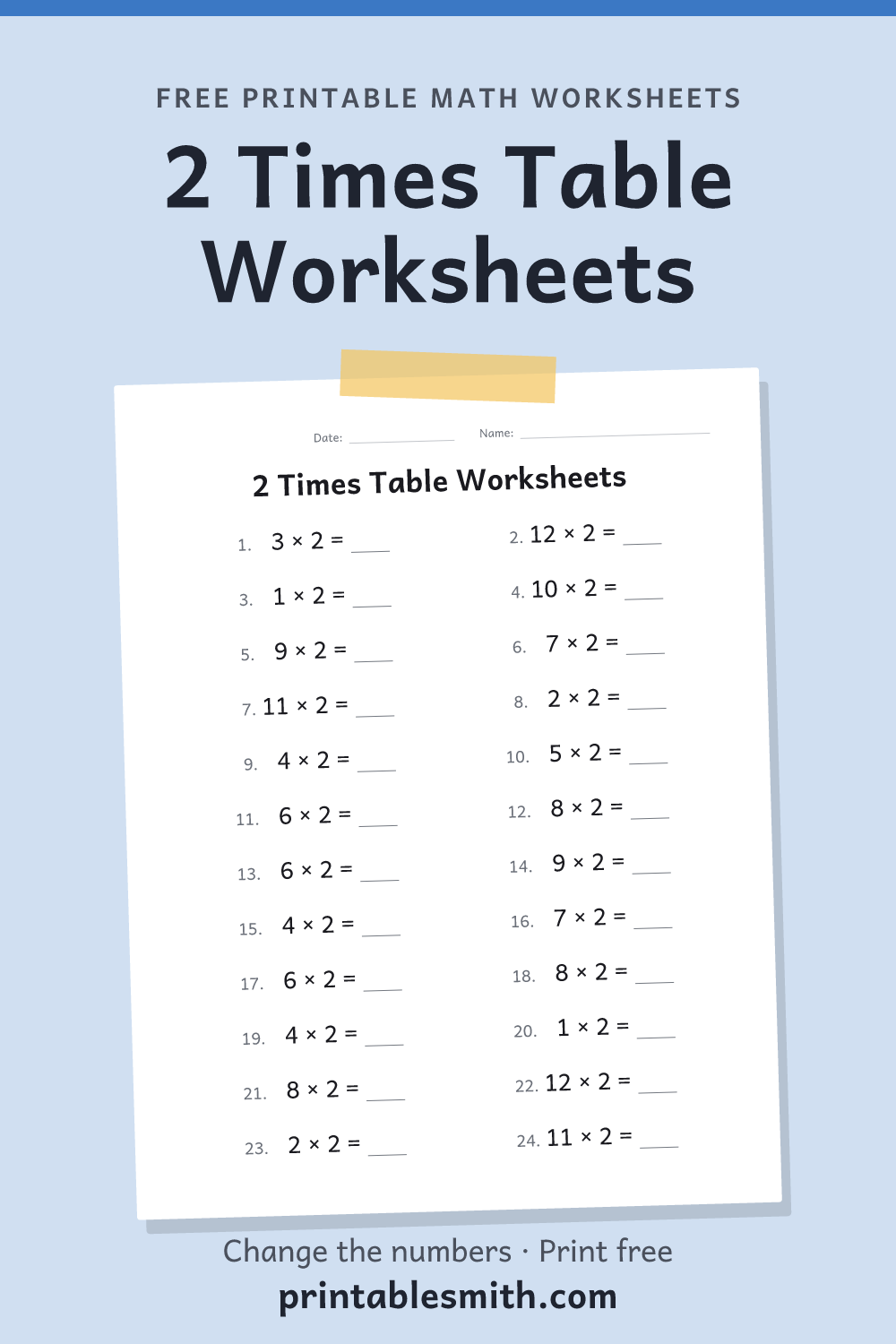 2 Times Table Worksheets: printable math worksheet with 24 problems and an answer key, from a free math worksheet generator