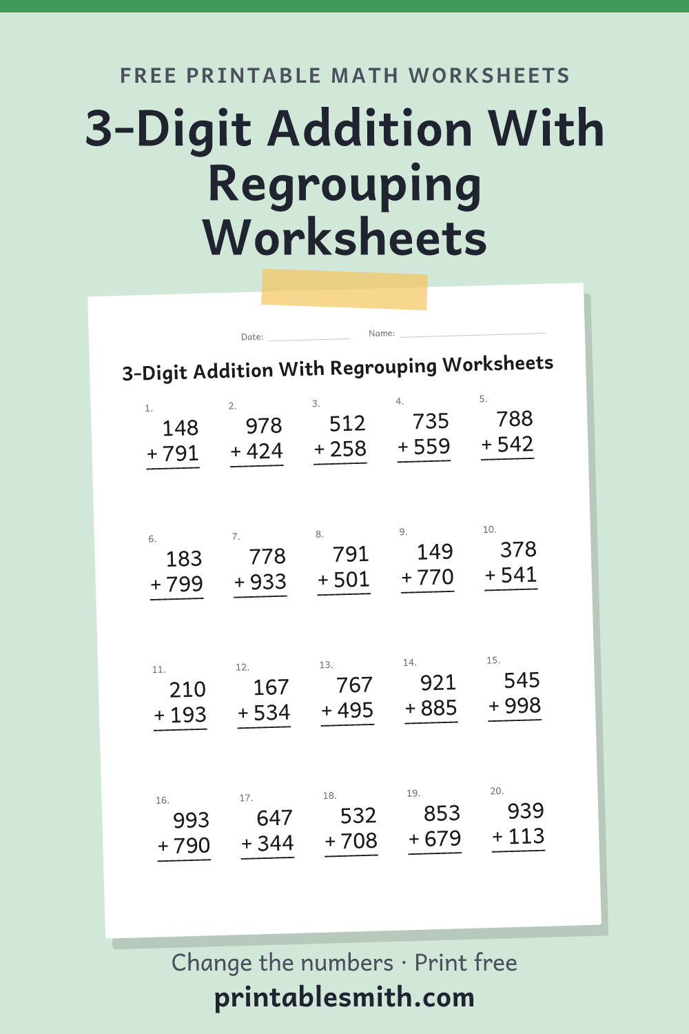 3-Digit Addition With Regrouping Worksheets: printable math worksheet with 20 problems and an answer key, from a free math worksheet generator