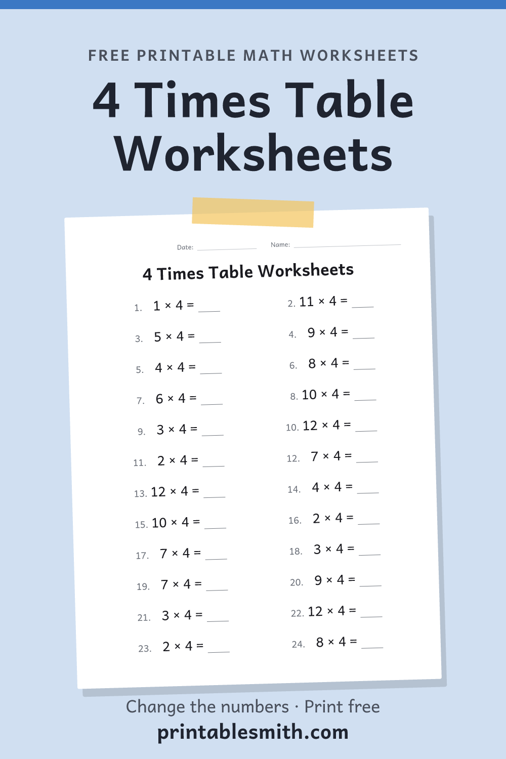 4 Times Table Worksheets: printable math worksheet with 24 problems and an answer key, from a free math worksheet generator