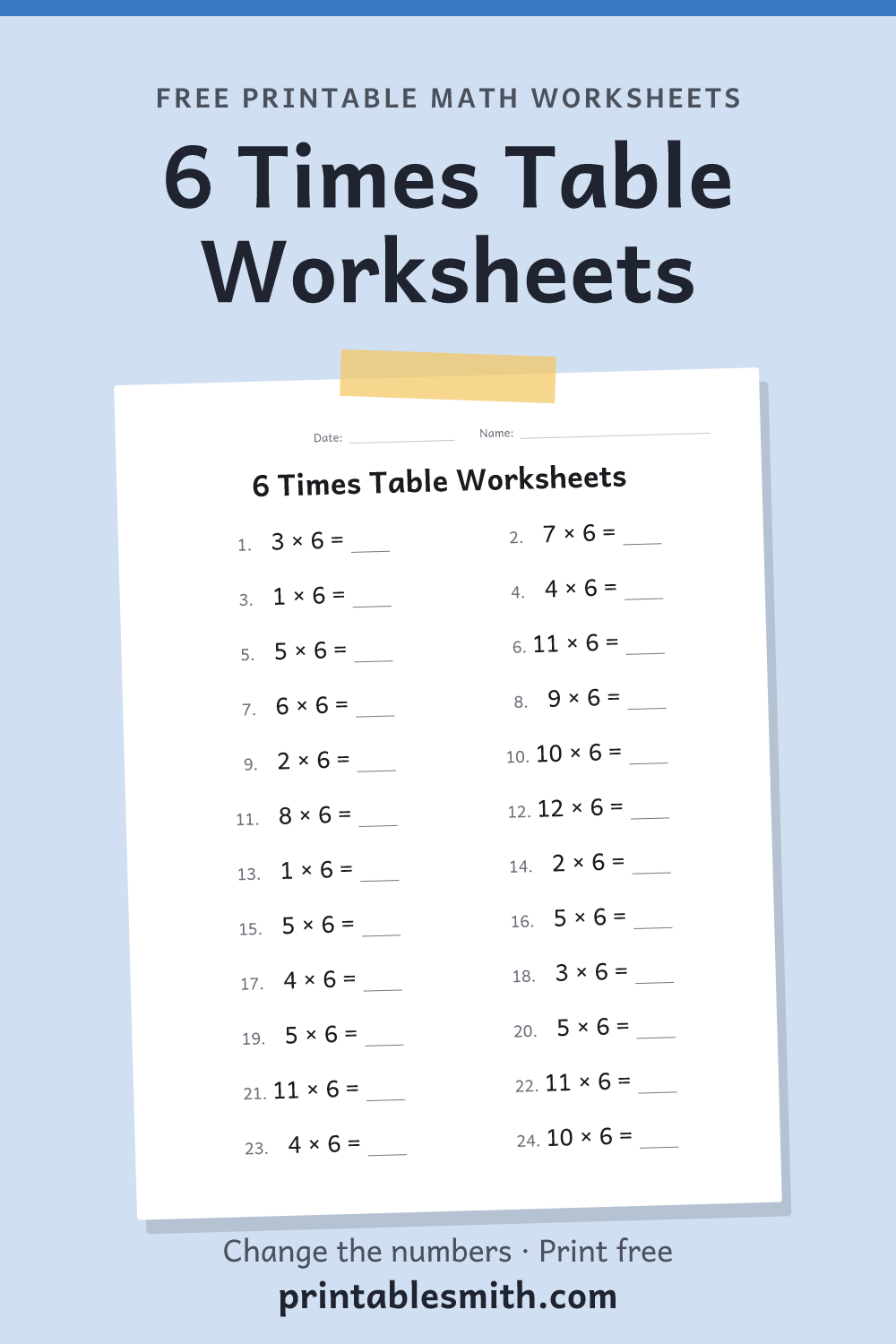 6 Times Table Worksheets: printable math worksheet with 24 problems and an answer key, from a free math worksheet generator