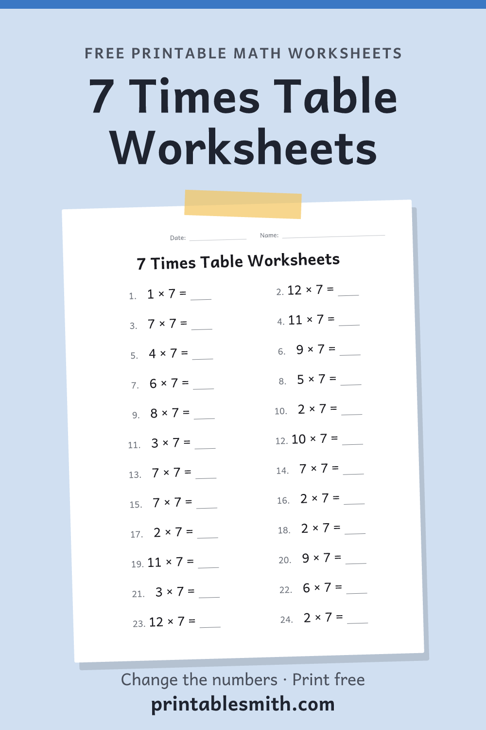 7 Times Table Worksheets: printable math worksheet with 24 problems and an answer key, from a free math worksheet generator