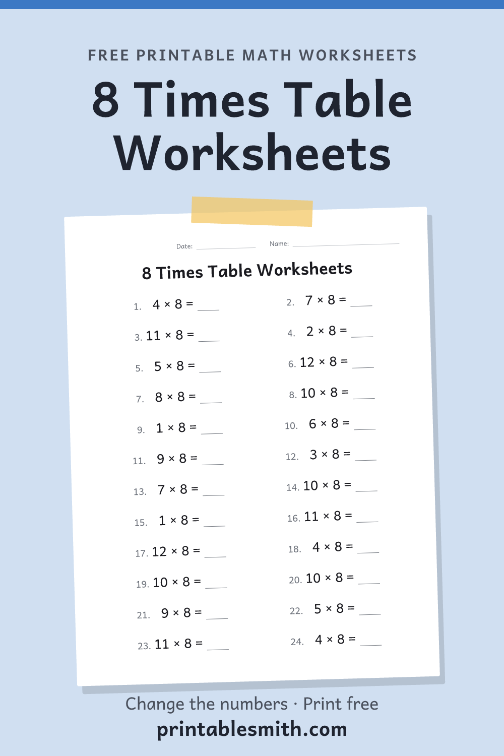 8 Times Table Worksheets: printable math worksheet with 24 problems and an answer key, from a free math worksheet generator