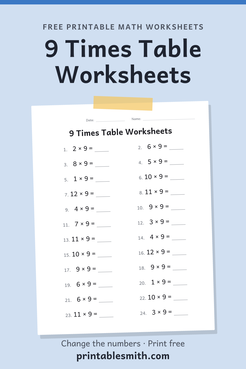 9 Times Table Worksheets: printable math worksheet with 24 problems and an answer key, from a free math worksheet generator
