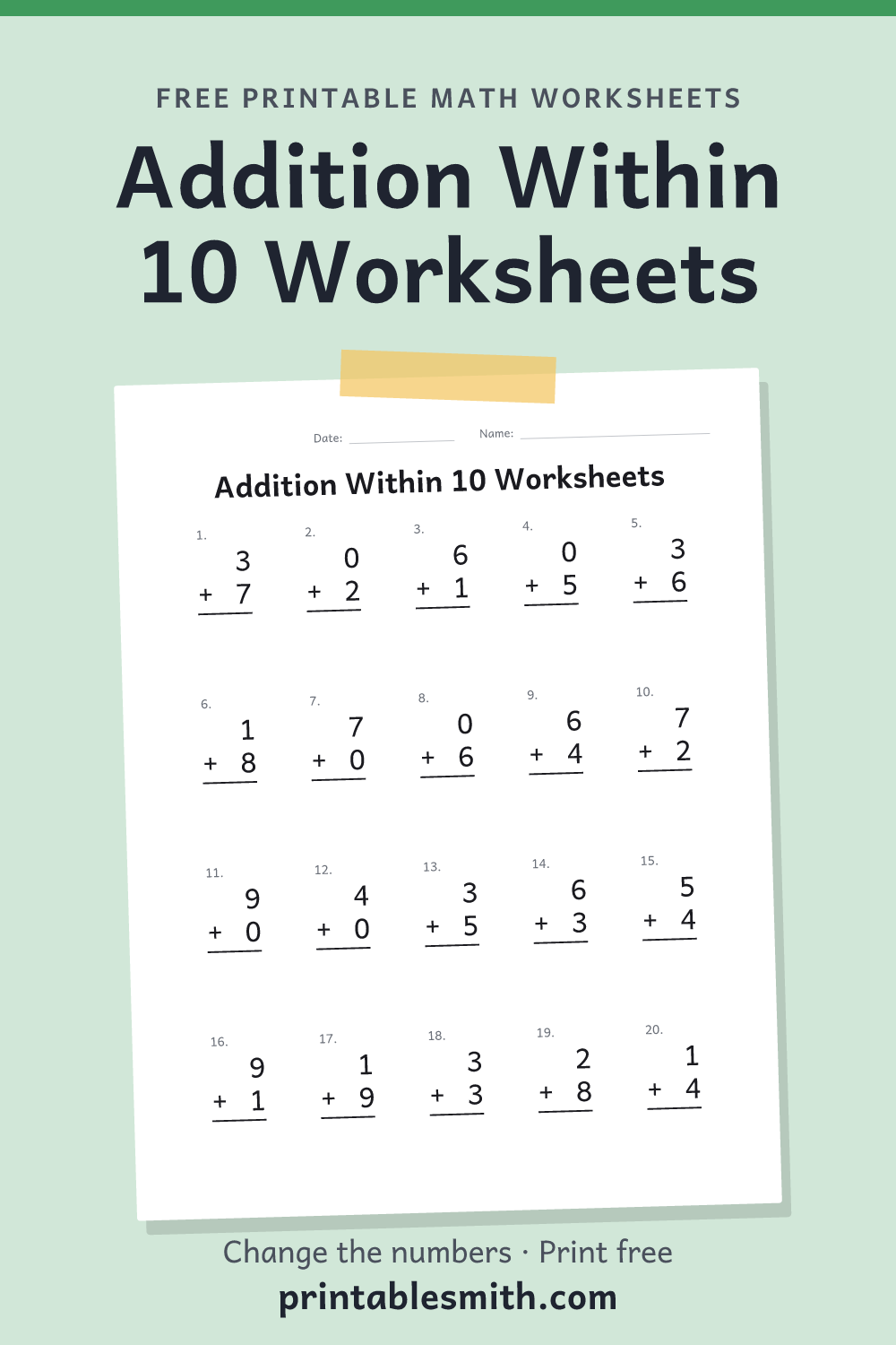 Addition Within 10 Worksheets: printable math worksheet with 20 problems and an answer key, from a free math worksheet generator