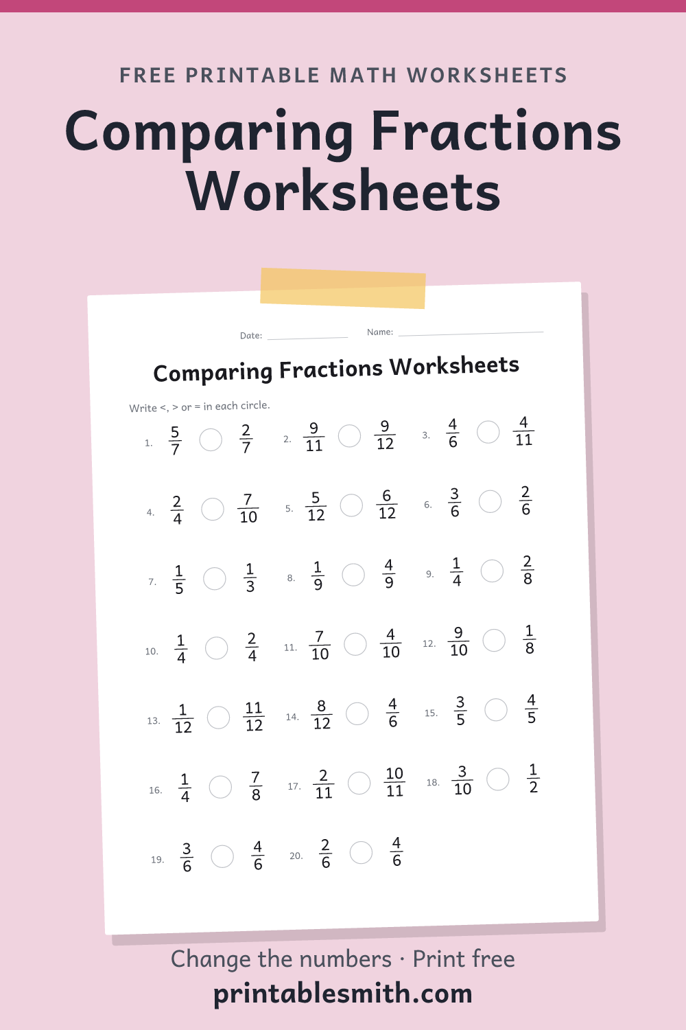 Comparing Fractions Worksheets: printable math worksheet with 20 problems and an answer key, from a free math worksheet generator