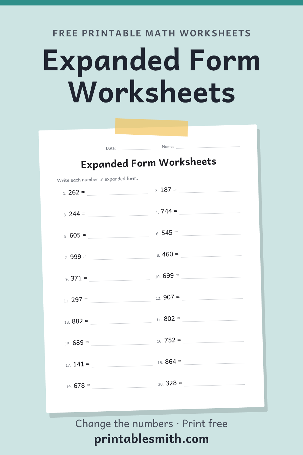 Expanded Form Worksheets: printable math worksheet with 20 problems and an answer key, from a free math worksheet generator