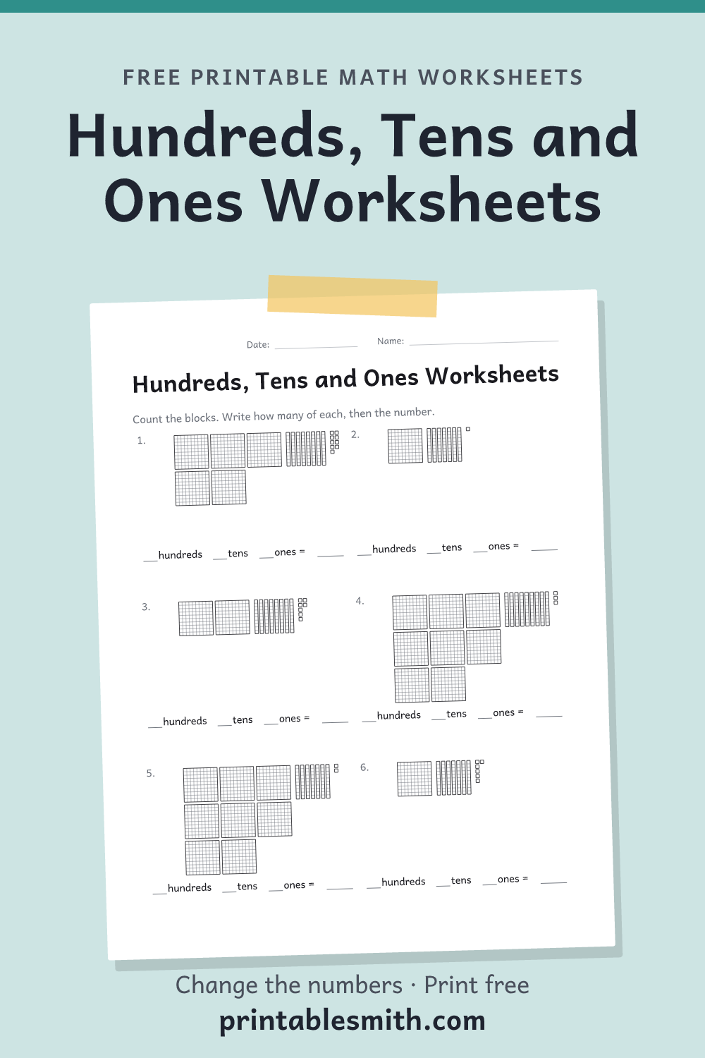 Hundreds, Tens and Ones Worksheets: printable math worksheet with 6 problems and an answer key, from a free math worksheet generator
