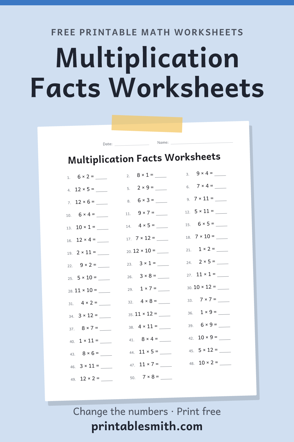 Multiplication Facts Worksheets: printable math worksheet with 50 problems and an answer key, from a free math worksheet generator