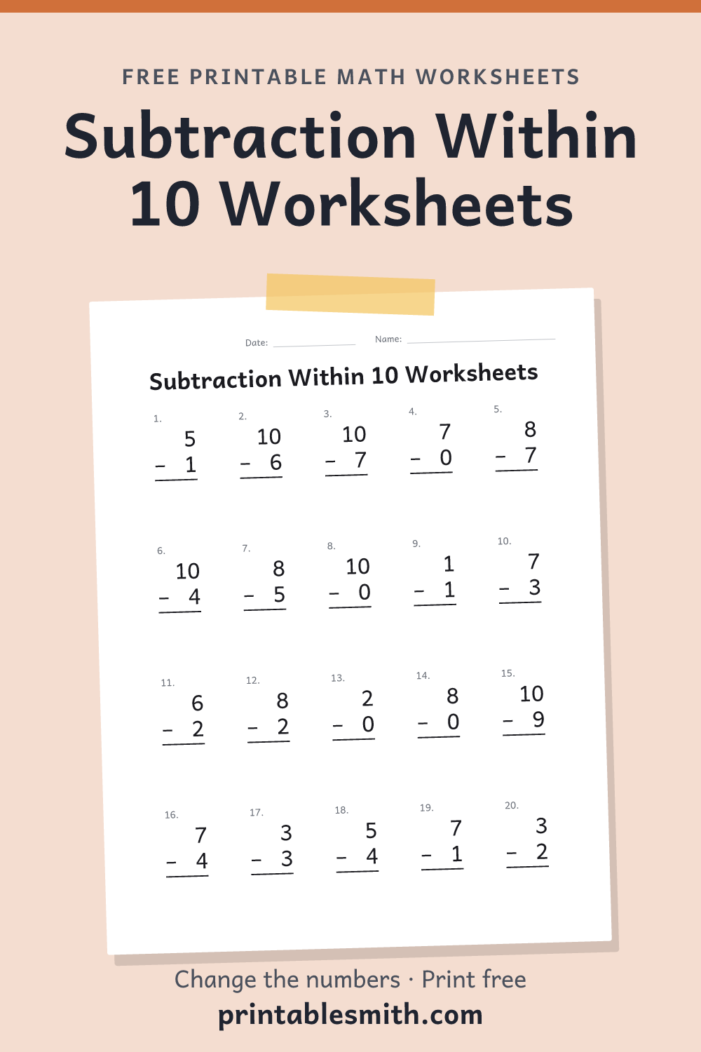 Subtraction Within 10 Worksheets: printable math worksheet with 20 problems and an answer key, from a free math worksheet generator