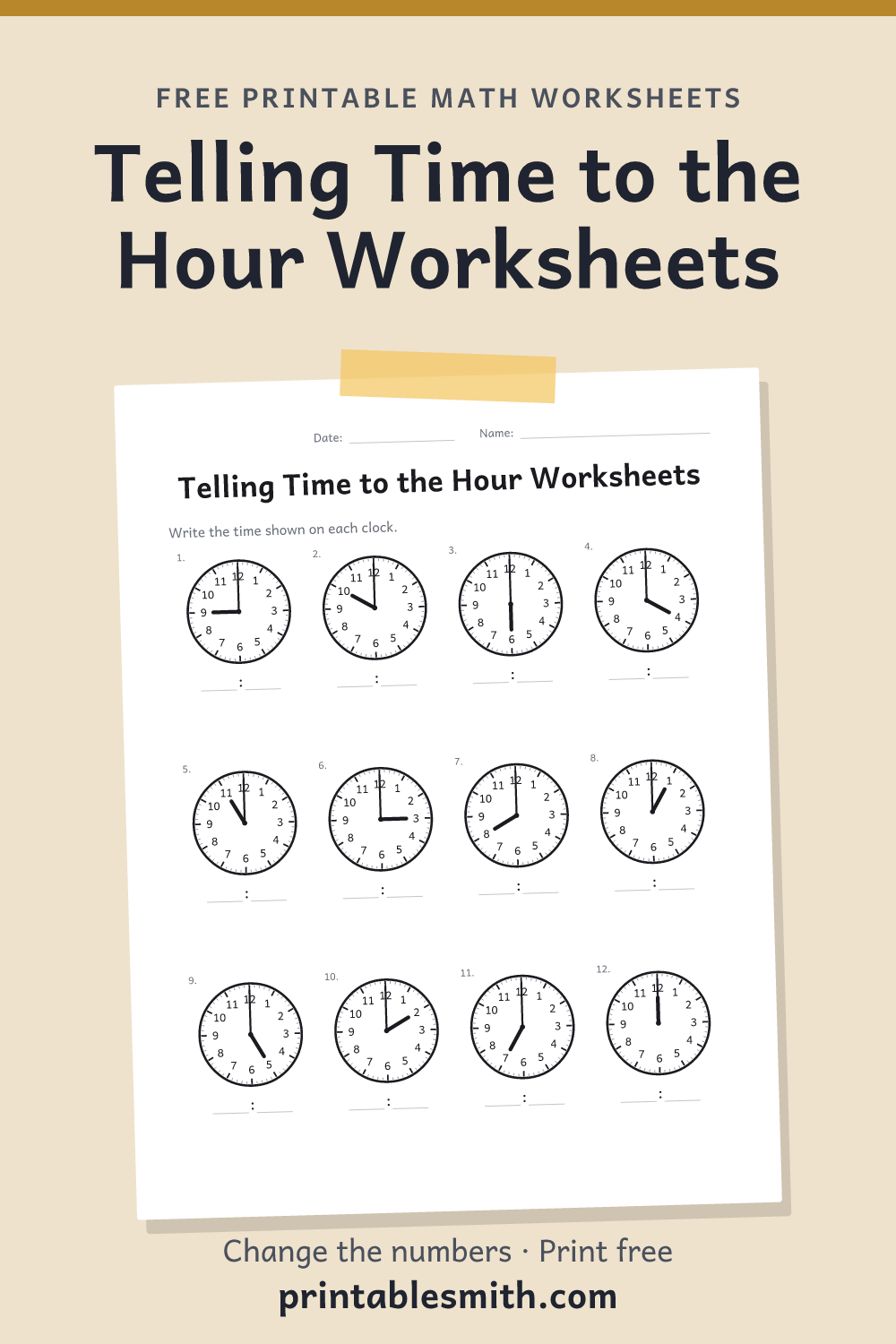 Telling Time to the Hour Worksheets: printable math worksheet with 12 problems and an answer key, from a free math worksheet generator