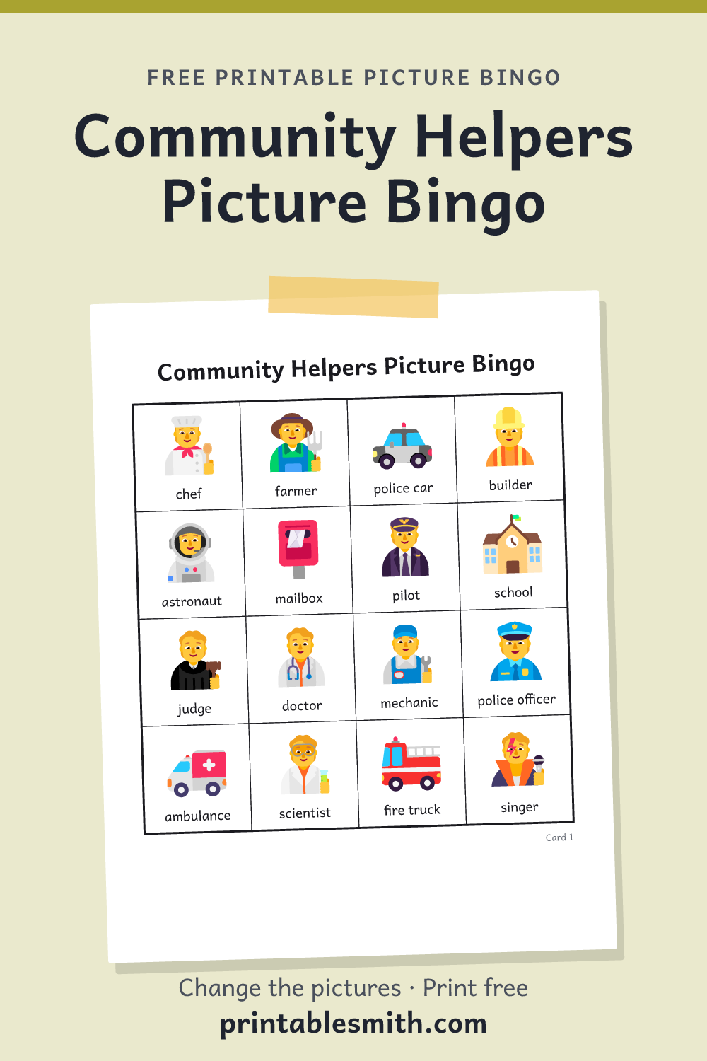 Community Helpers Picture Bingo: printable picture bingo card for children who can’t read yet, from a set with 20 pictures