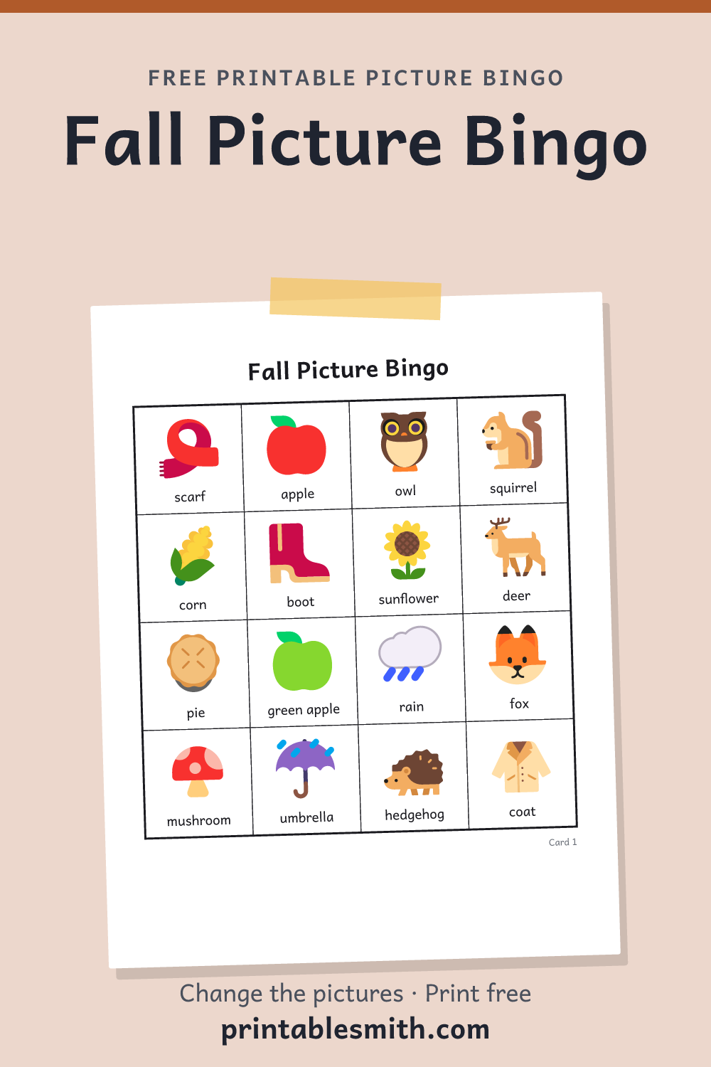 Fall Picture Bingo: printable picture bingo card for children who can’t read yet, from a set with 18 pictures