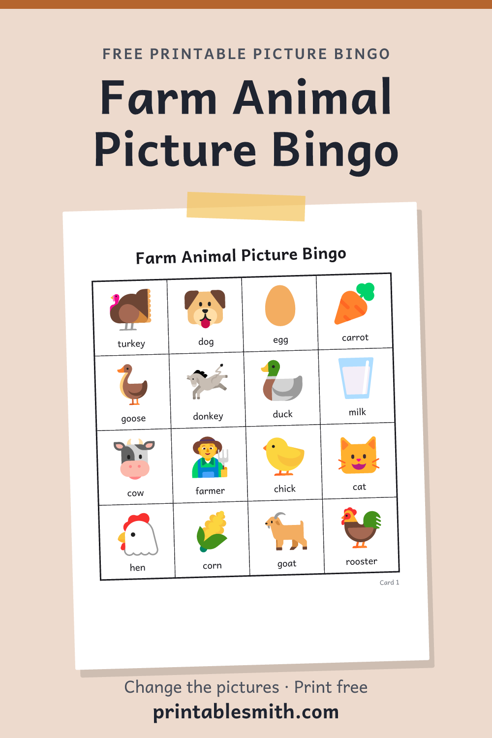 Farm Animal Picture Bingo: printable picture bingo card for children who can’t read yet, from a set with 24 pictures