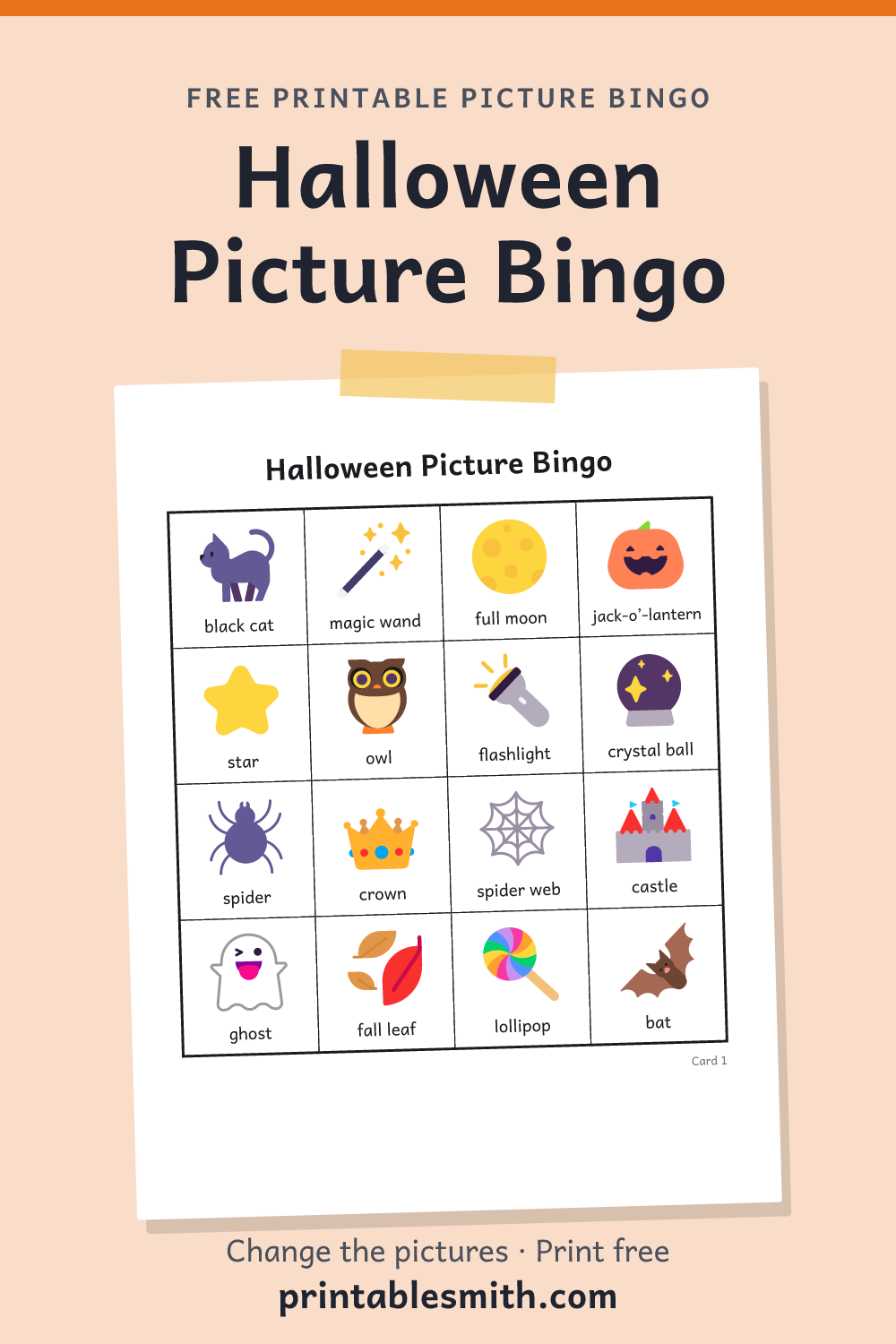 Halloween Picture Bingo: printable picture bingo card for children who can’t read yet, from a set with 18 pictures