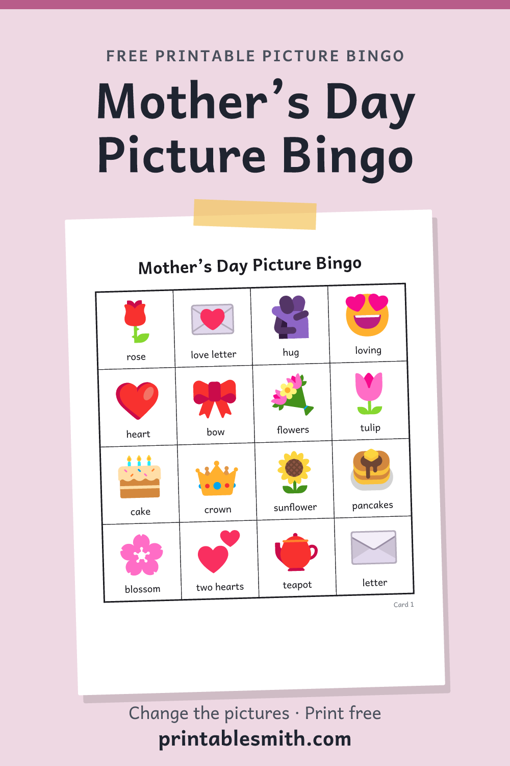 Mother’s Day Picture Bingo: printable picture bingo card for children who can’t read yet, from a set with 18 pictures