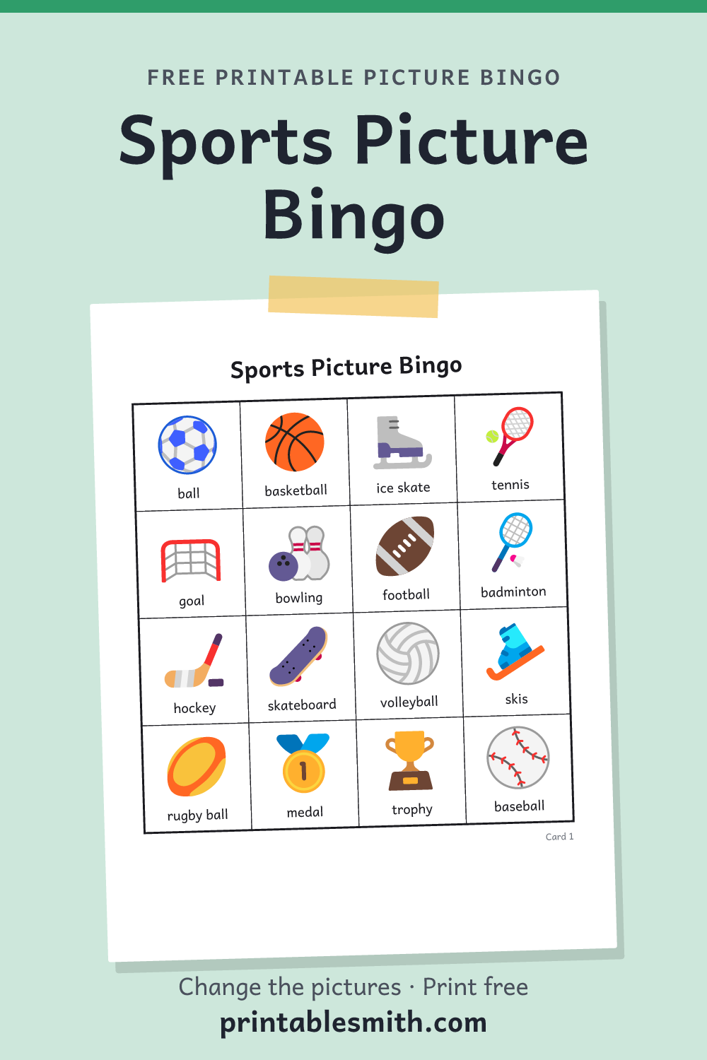 Sports Picture Bingo: printable picture bingo card for children who can’t read yet, from a set with 21 pictures