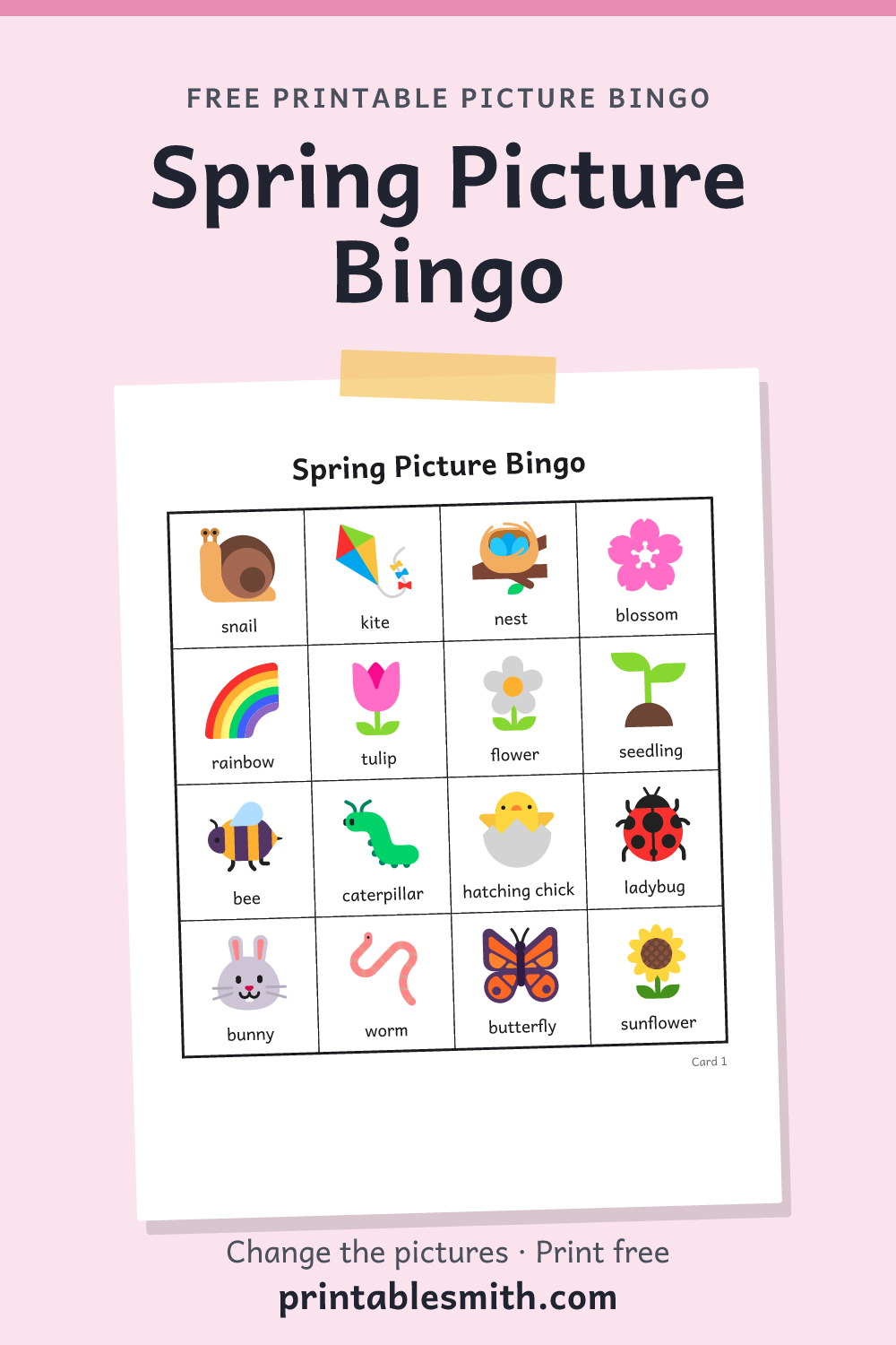 Spring Picture Bingo: printable picture bingo card for children who can’t read yet, from a set with 22 pictures