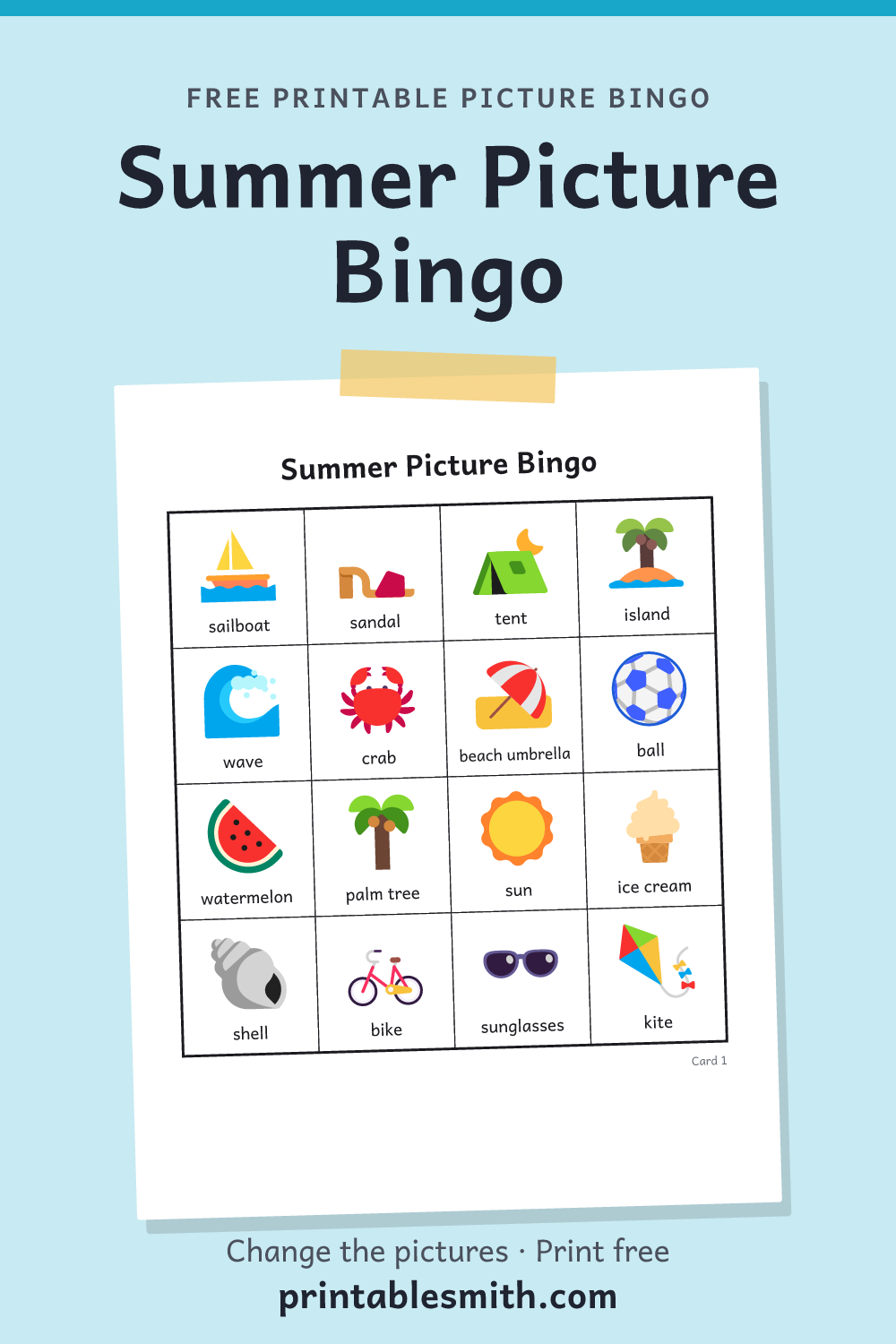 Summer Picture Bingo: printable picture bingo card for children who can’t read yet, from a set with 18 pictures