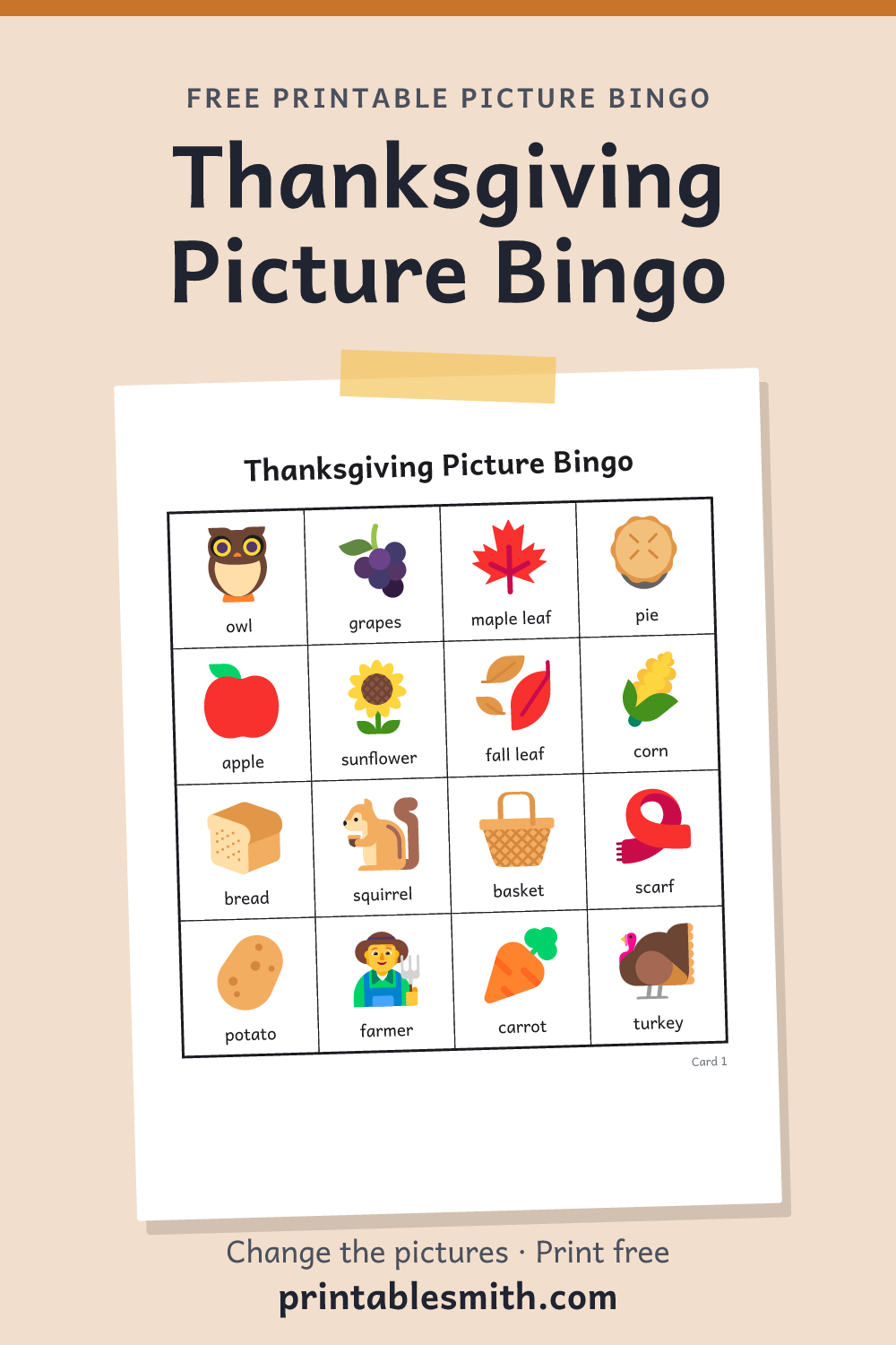 Thanksgiving Picture Bingo: printable picture bingo card for children who can’t read yet, from a set with 18 pictures