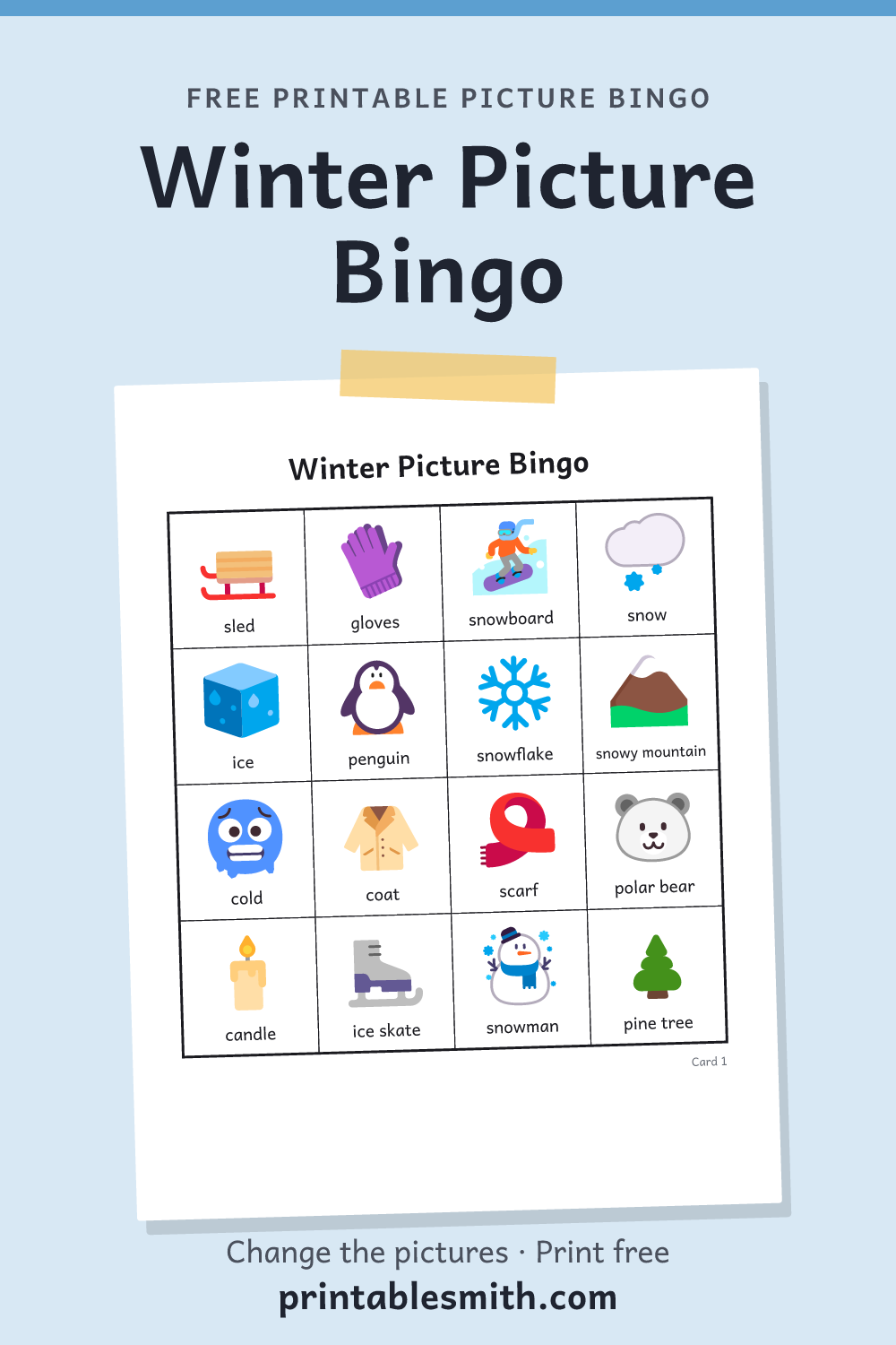 Winter Picture Bingo: printable picture bingo card for children who can’t read yet, from a set with 20 pictures