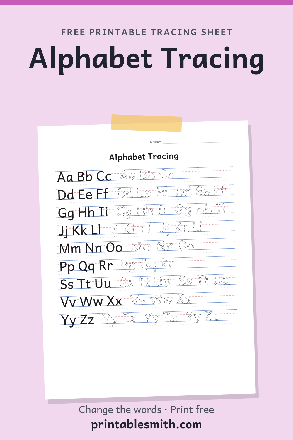 Alphabet Tracing: printable worksheet with 9 words to trace on handwriting lines