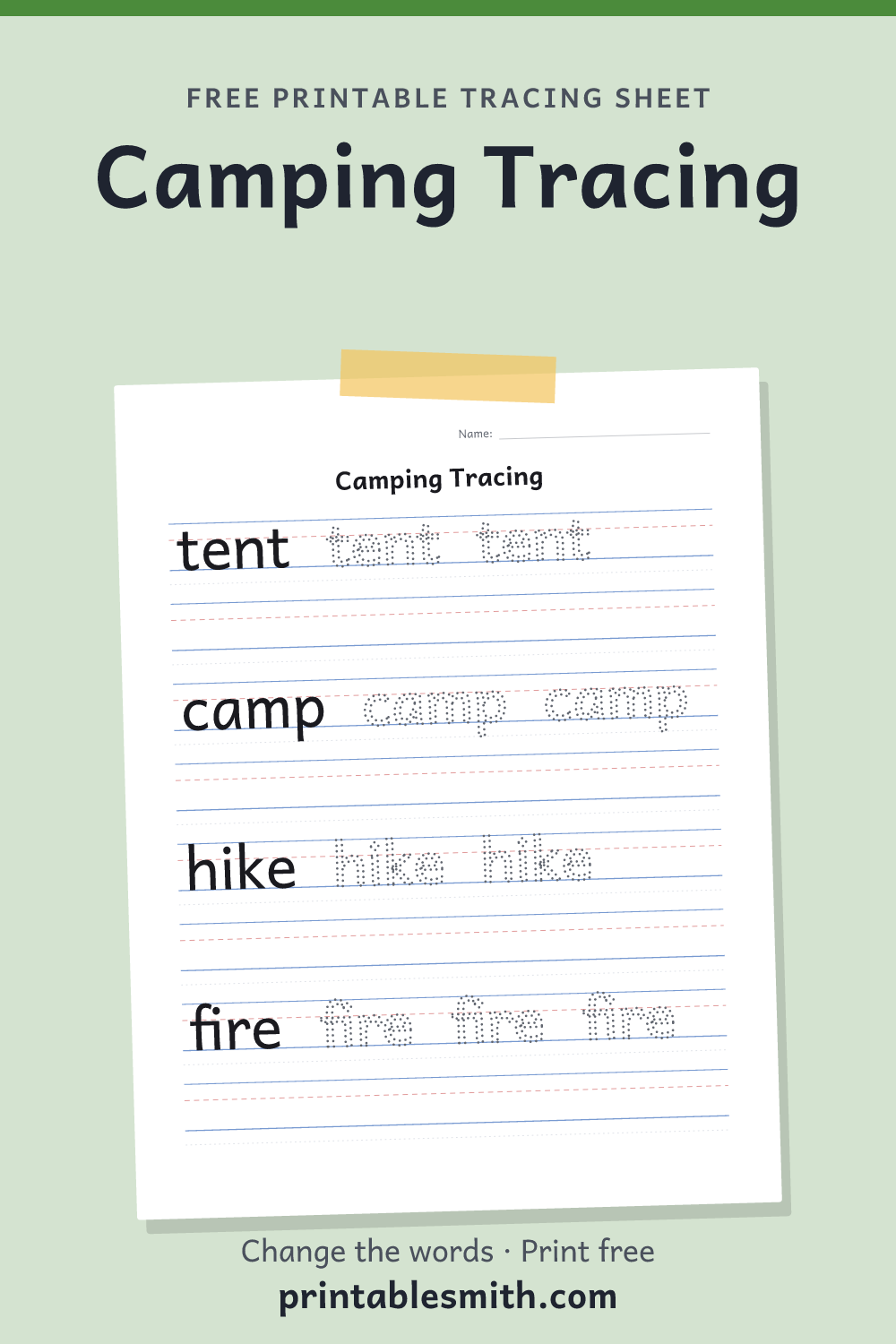 Camping Tracing: printable worksheet with 4 words to trace on handwriting lines