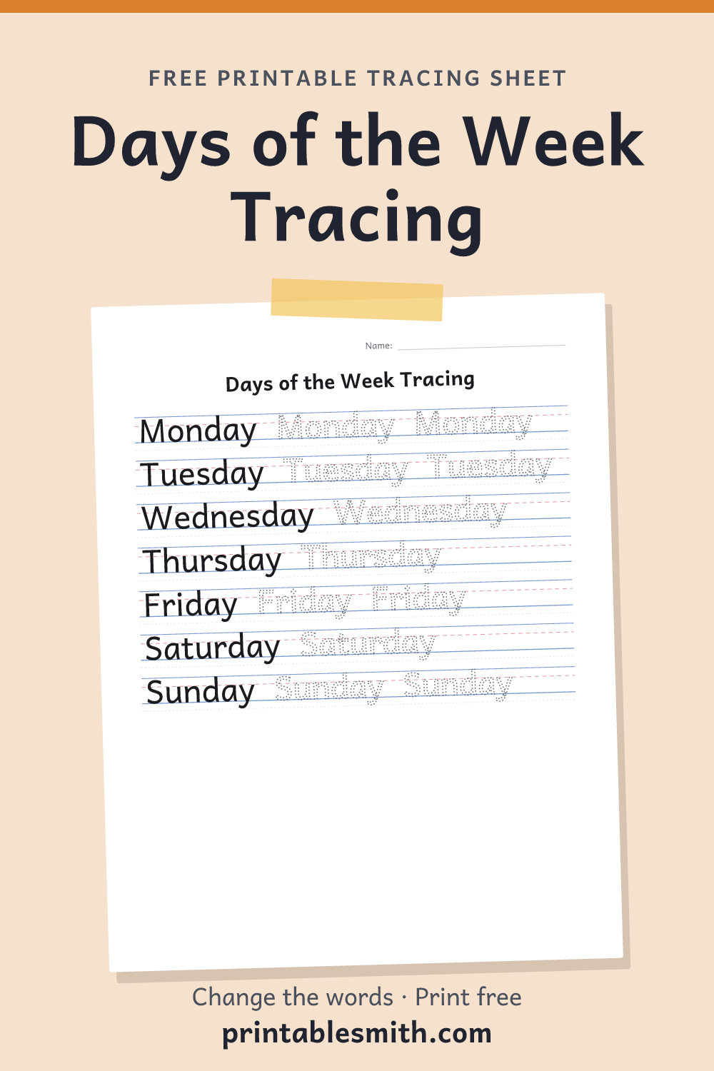 Days of the Week Tracing: printable worksheet with 7 words to trace on handwriting lines