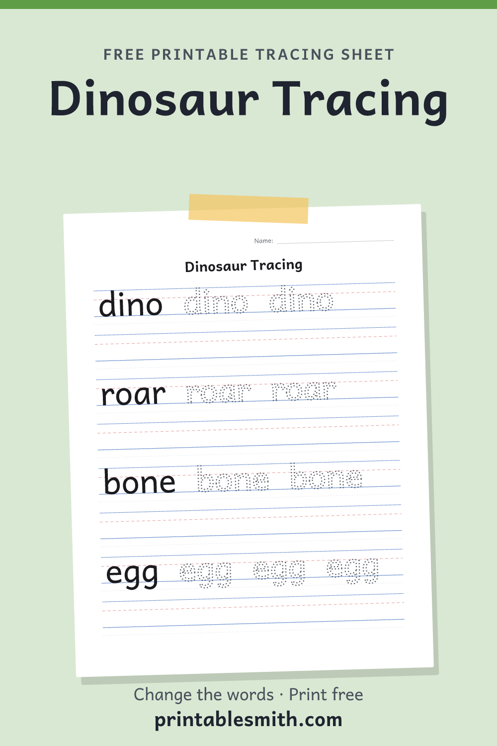 Dinosaur Tracing: printable worksheet with 4 words to trace on handwriting lines