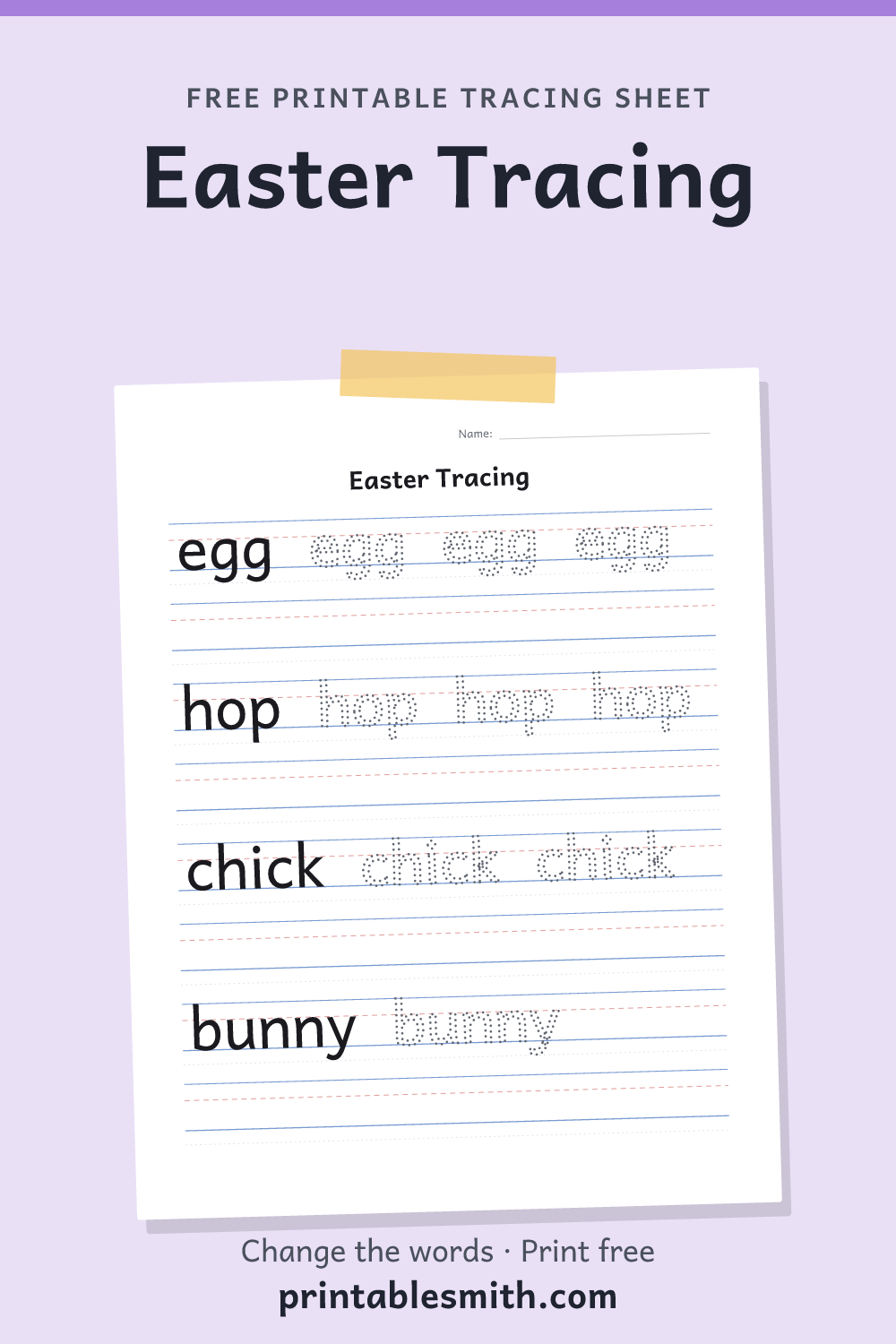 Easter Tracing: printable worksheet with 4 words to trace on handwriting lines