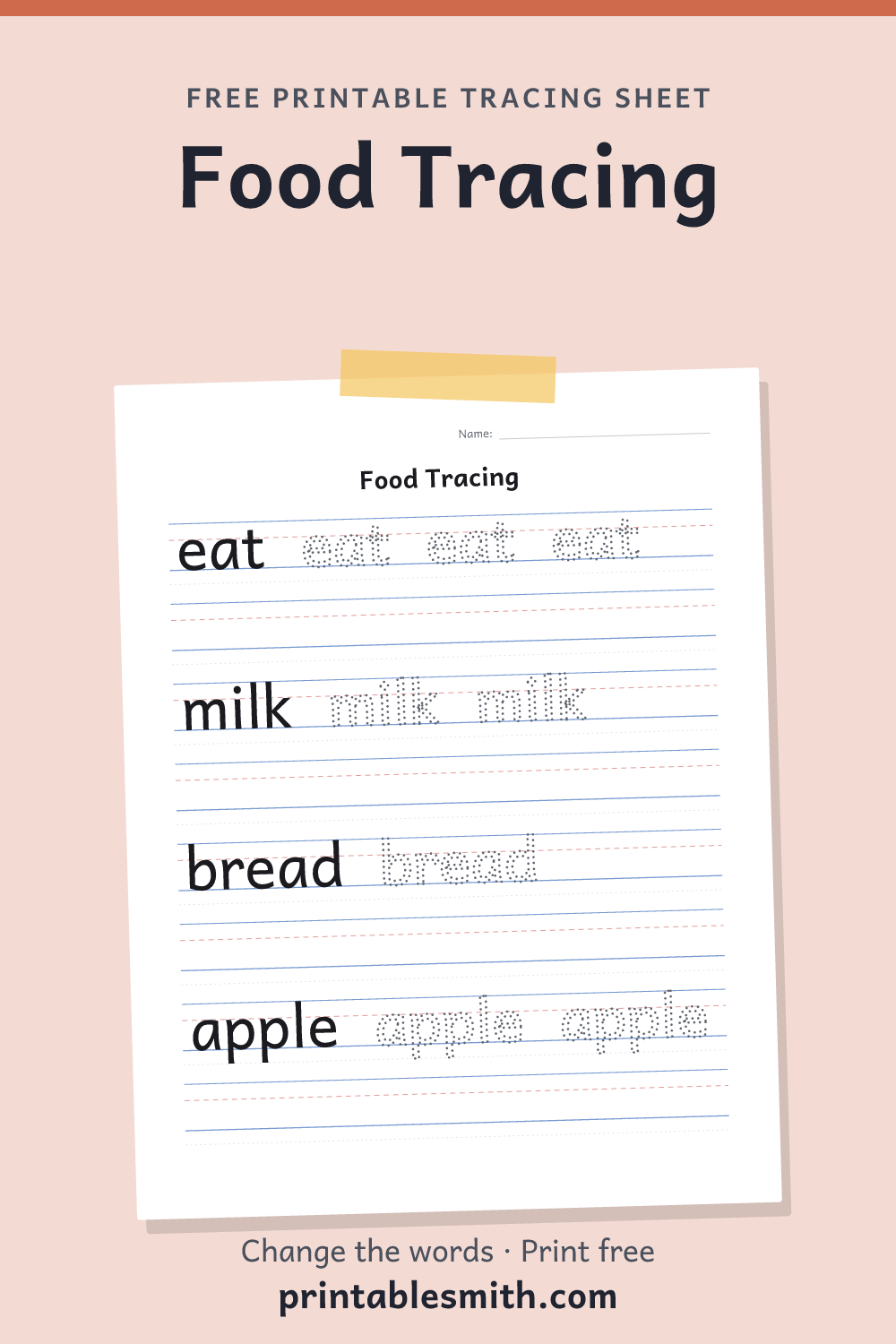 Food Tracing: printable worksheet with 4 words to trace on handwriting lines