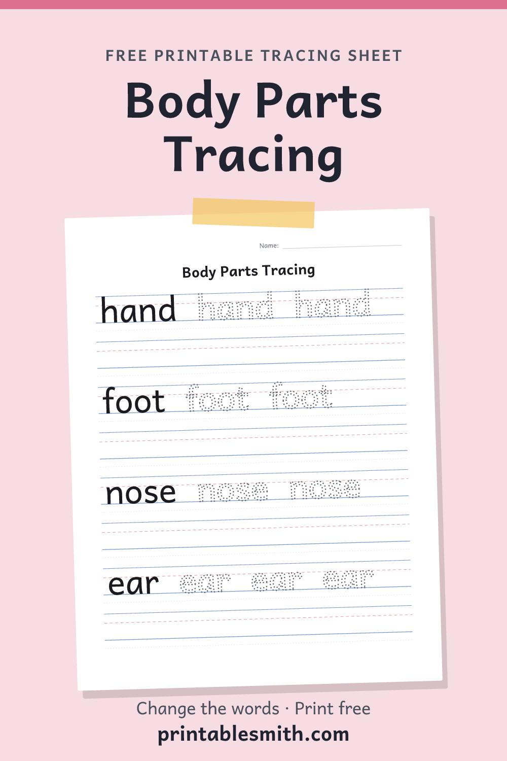 Body Parts Tracing: printable worksheet with 4 words to trace on handwriting lines